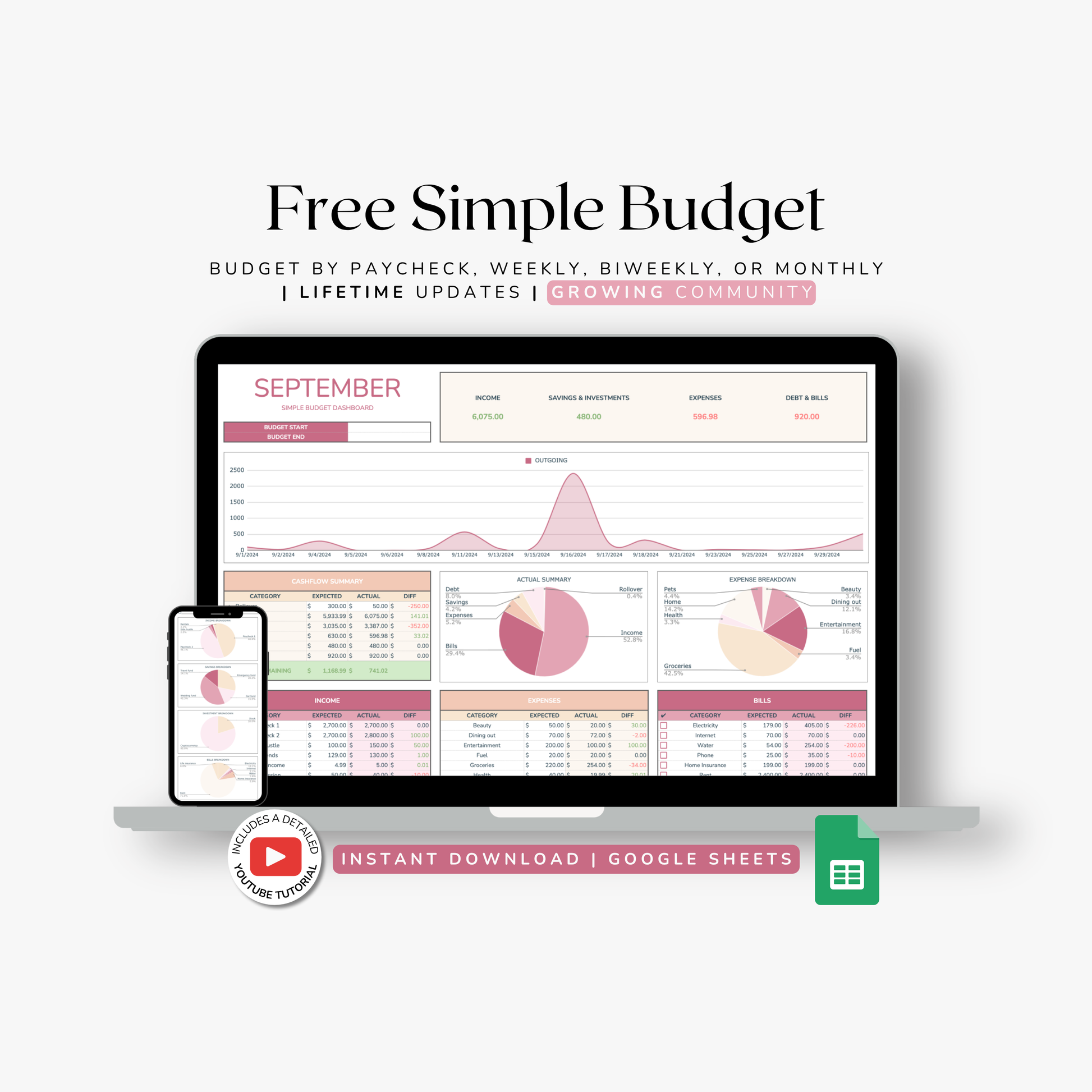 Free Simple Budget spreadsheet planner with a computer screen and smartphone displaying budgeting data on a white background. Made by thecreativeplansco