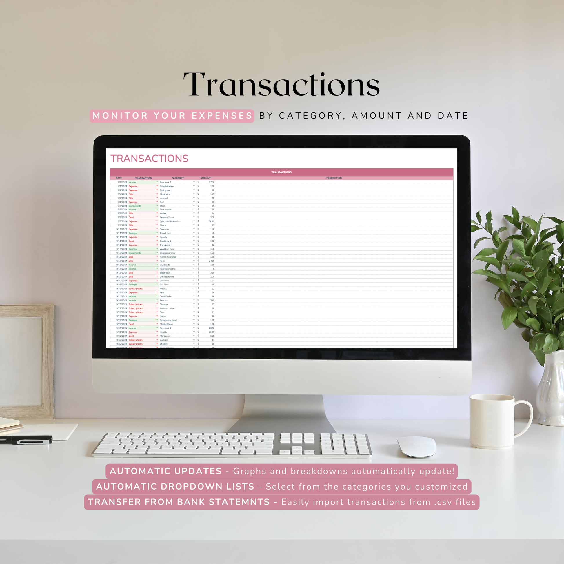 Computer monitor displaying a transactions tracker spreadsheet on google sheets on a screen on a desk with a plant and mug.