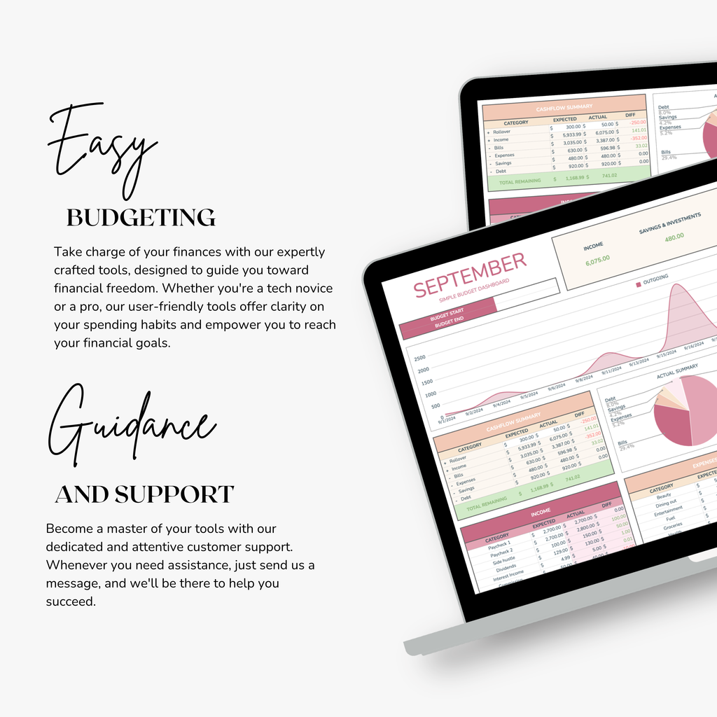 Two computer monitors displaying free budgeting spreadsheet planner with text about easy budgeting and guidance.