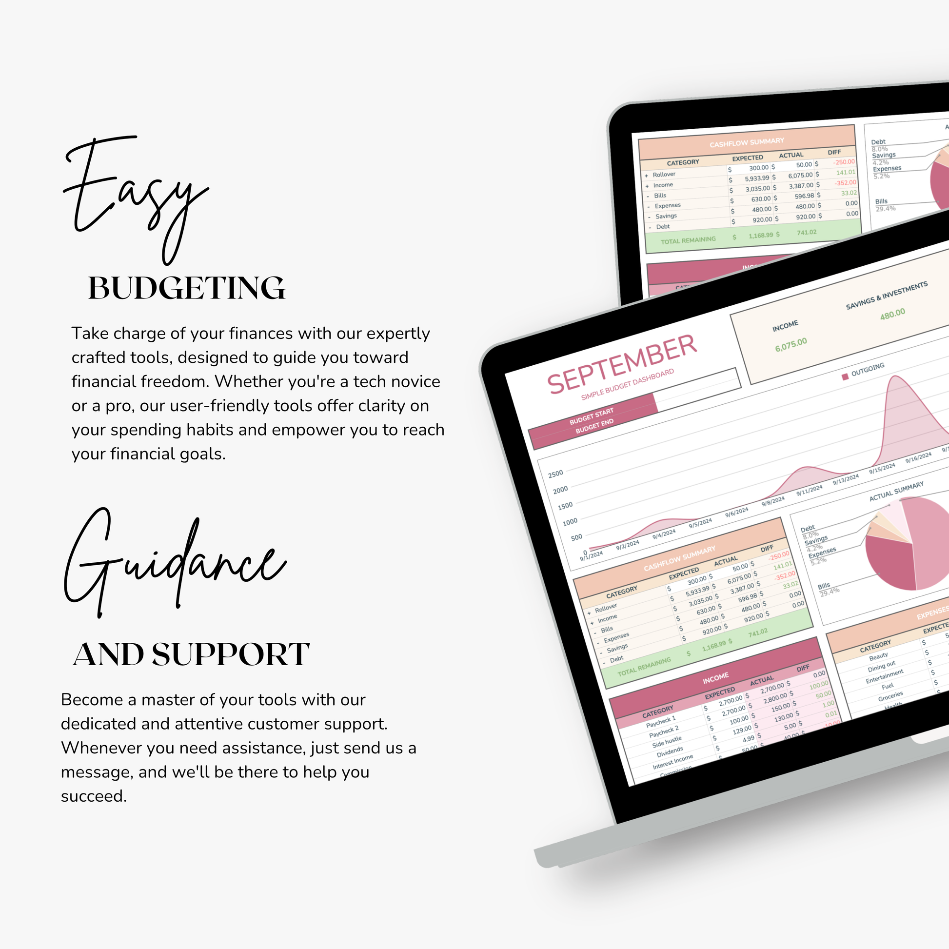 Two computer monitors displaying free budgeting spreadsheet planner with text about easy budgeting and guidance.