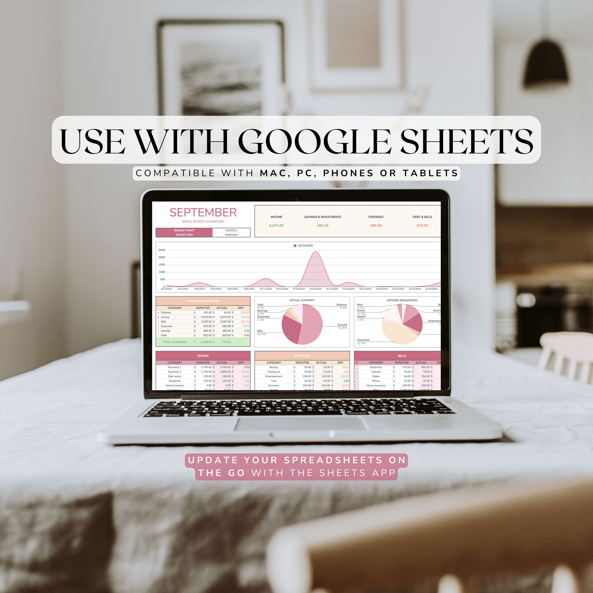 Laptop displaying free budget planner Google Sheets on a desk with a blurred background. Made by thecreativeplansco.