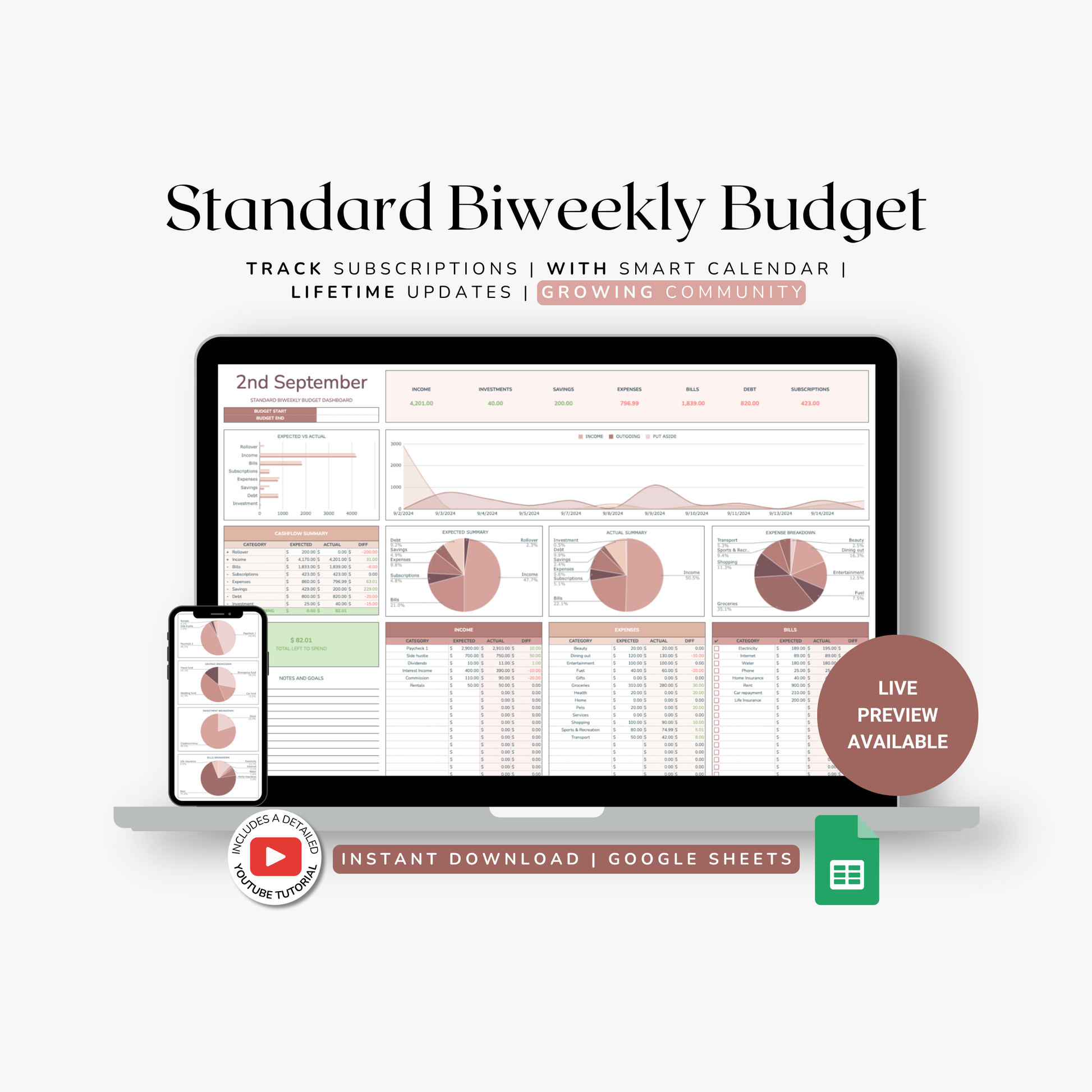 Standard Biweekly Budget planner with a computer screen and smartphone displaying budget data.