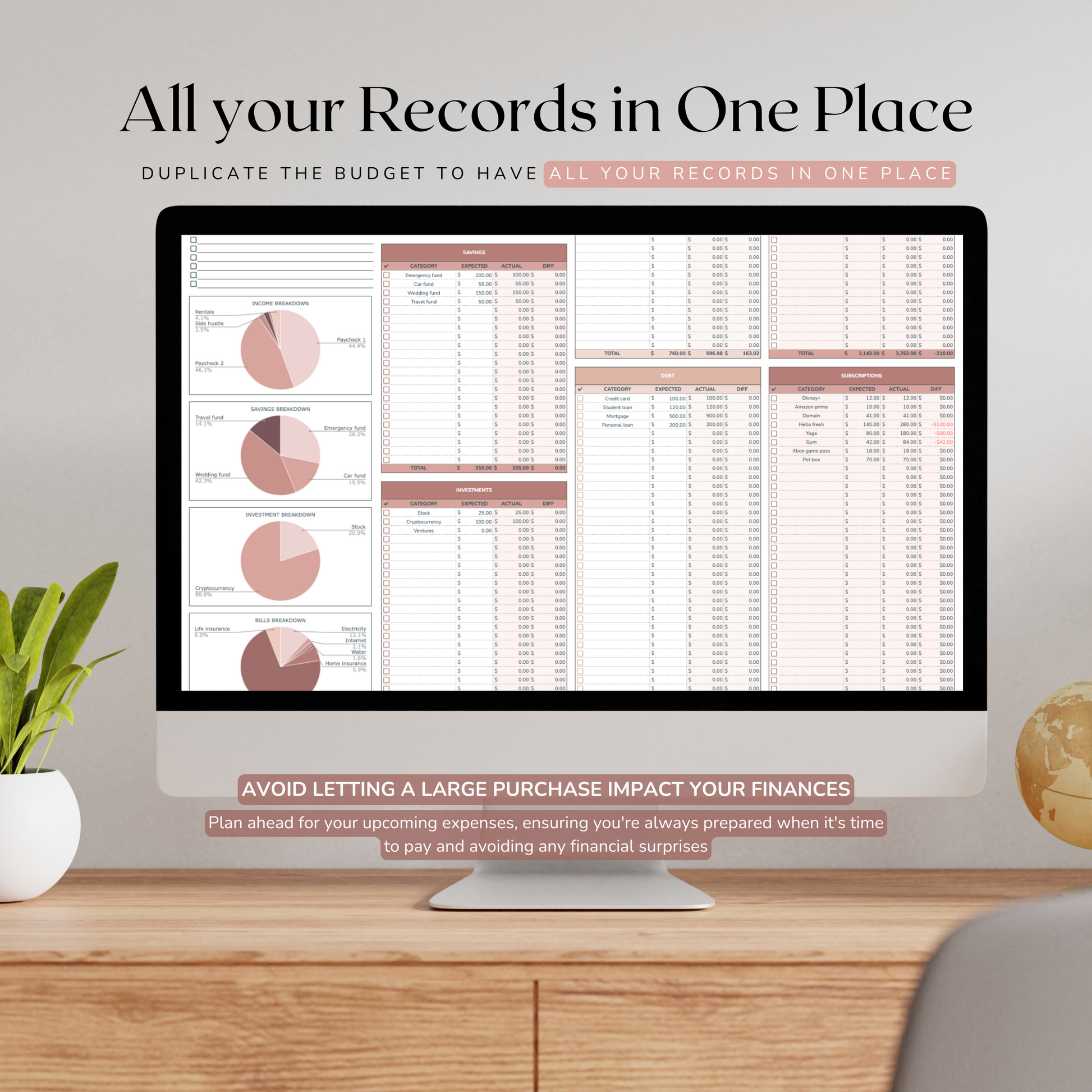 Computer monitor displaying financial records with a home office background
