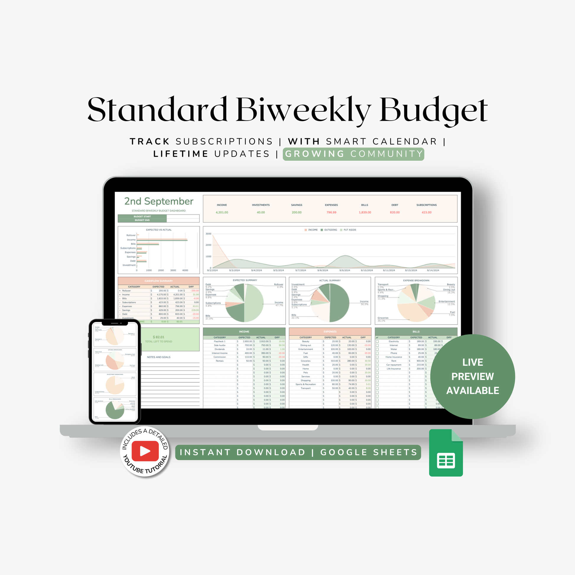 Standard Biweekly Budget planner spreadsheet with a computer screen and smartphone displaying budget data.