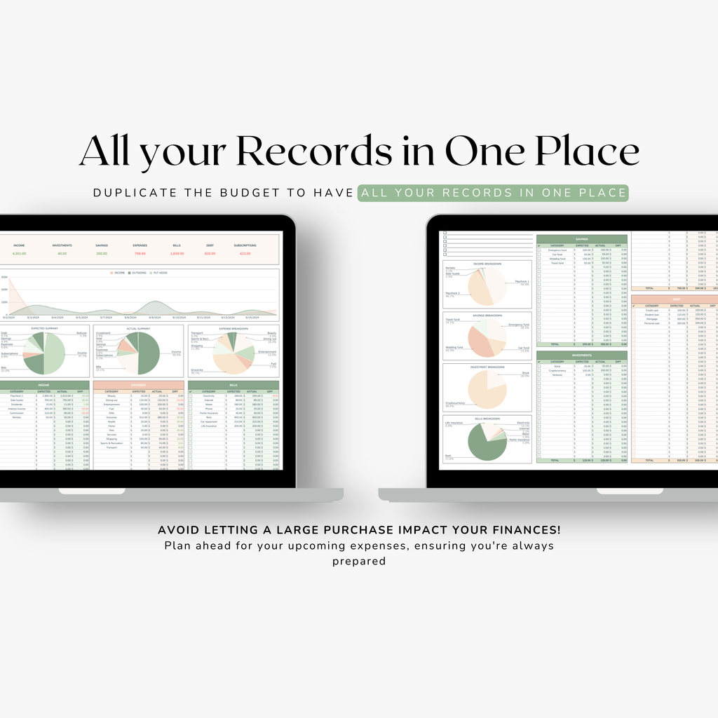 Two computer monitors displaying financial biweekly budget spreadsheets with text about budgeting and record-keeping.