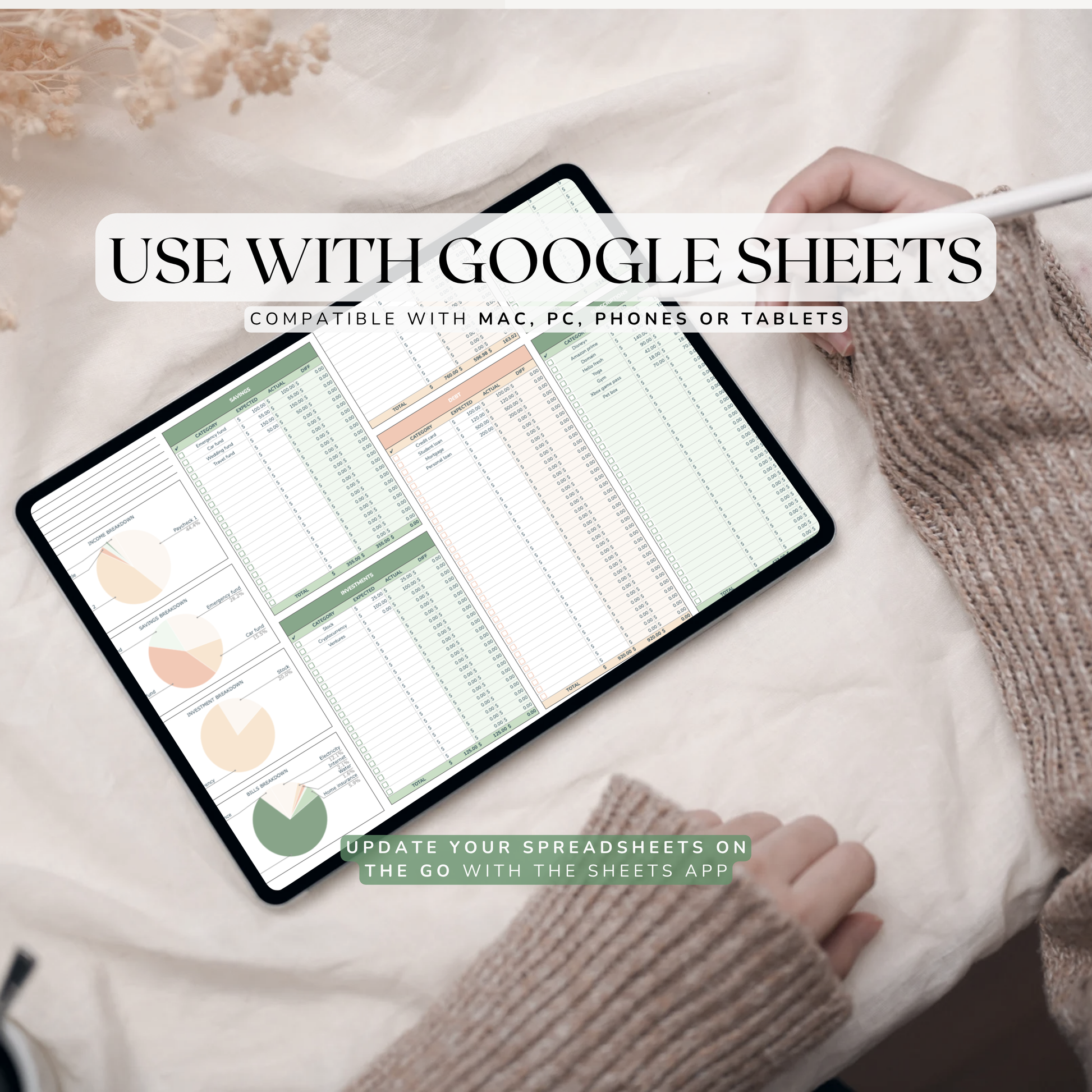 Person holding a tablet with Google Sheets bi-weekly budget spreadsheet open on a white surface