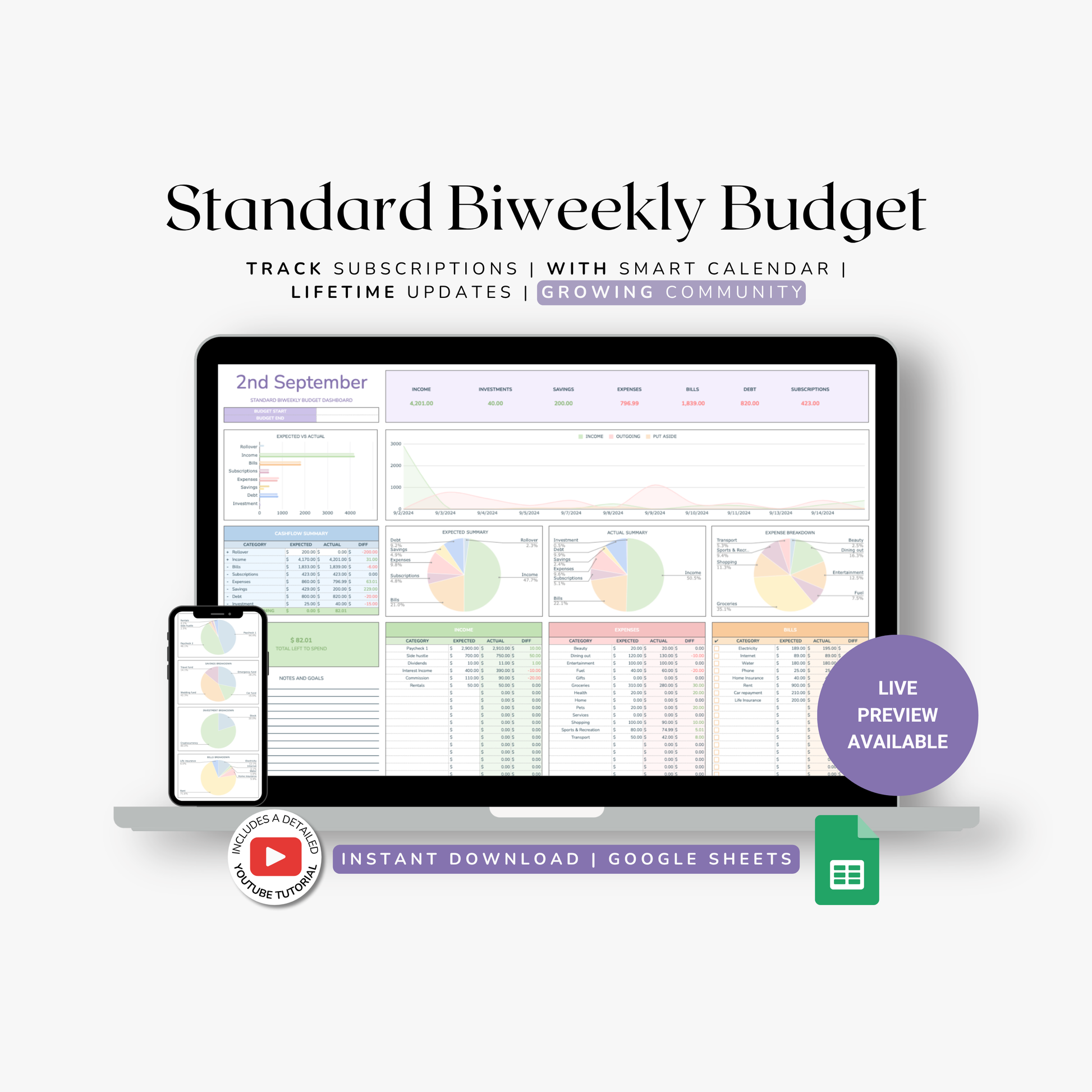 Standard Biweekly Budget spreadsheet with a computer screen and smartphone displaying budget reports on a white background.