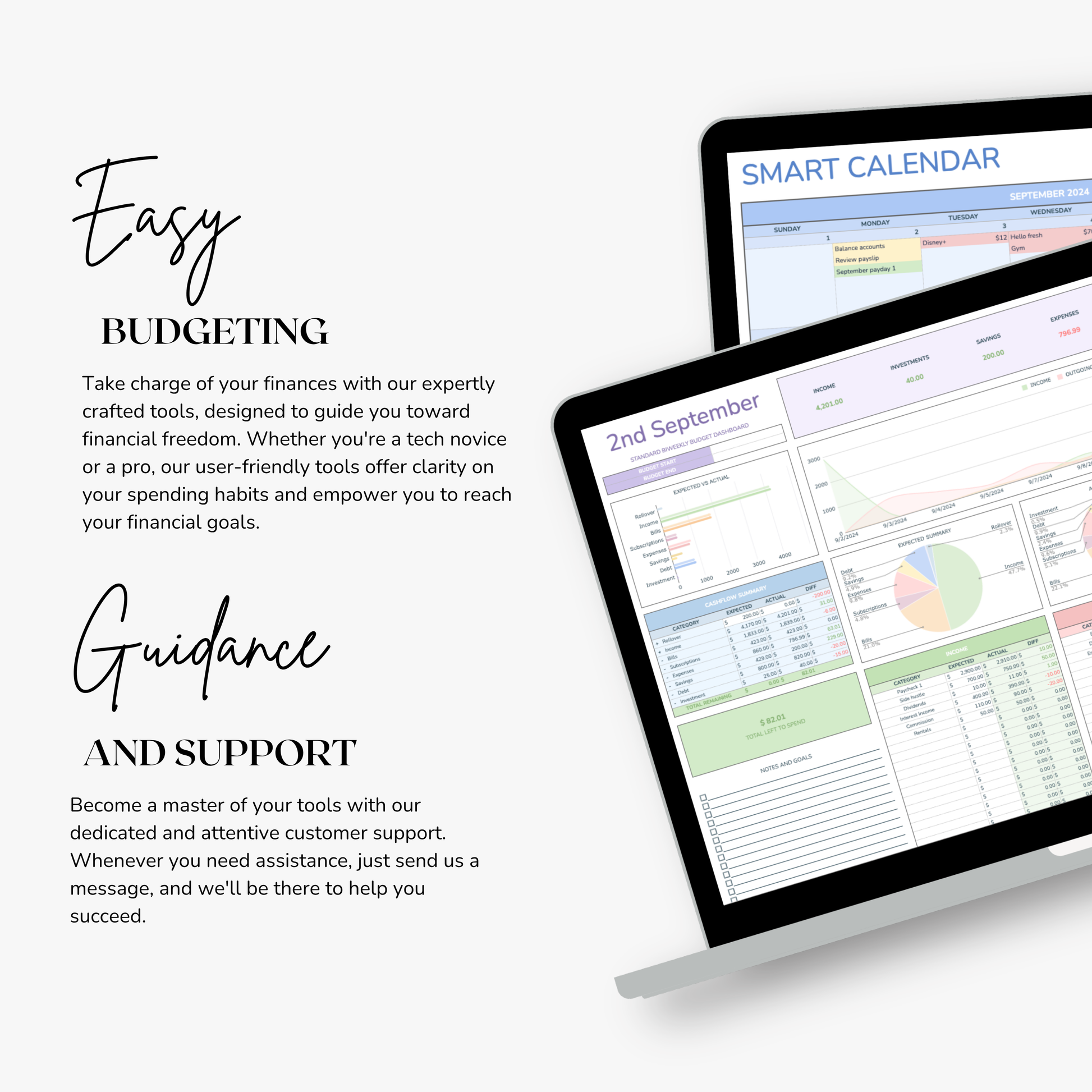 Two computer monitors displaying a budgeting spreadsheet with text about easy budgeting and guidance.images show support is available, a biweekly budgeting spreadsheet tracker. 