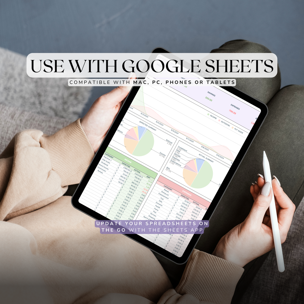 Person holding a tablet with Google Sheets budget planner, sitting on a couch. The budget template was created by thecreativeplansco