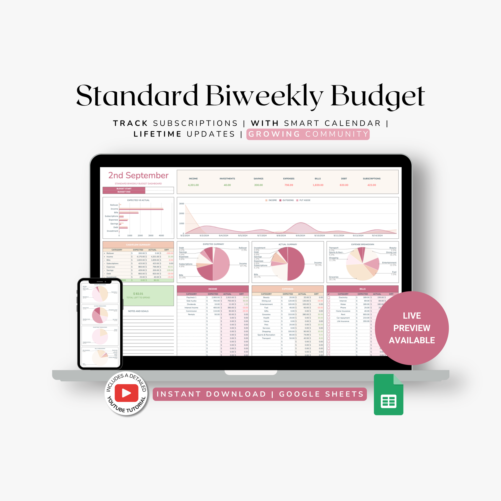 Standard Biweekly Budget template spreadsheet with a computer screen and smartphone displaying budget data on a white background.