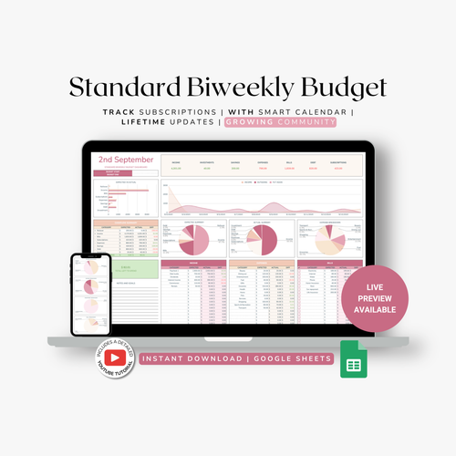 Standard Biweekly Budget template spreadsheet with a computer screen and smartphone displaying budget data on a white background.