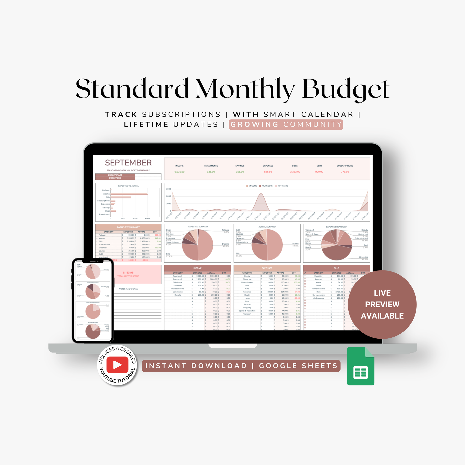 Standard Monthly Budget template with a computer screen and smartphone displaying budget data.
