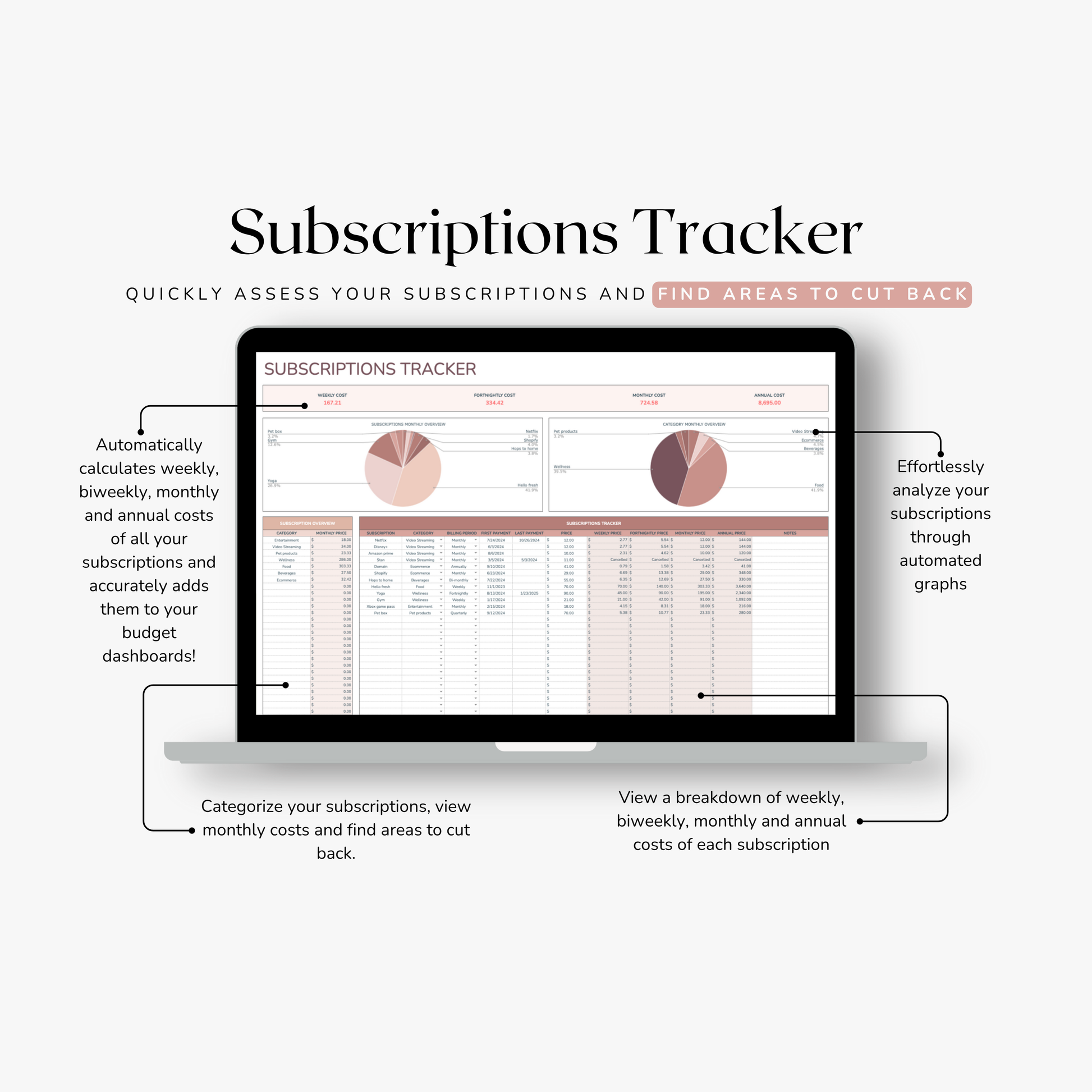 Subscriptions Tracker on a laptop screen with text describing features.