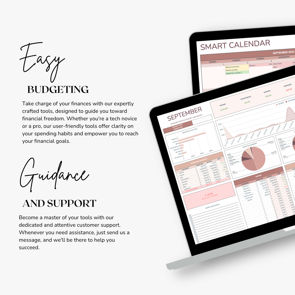 Smart calendar spreadsheet on a tablet with text about easy monthly budgeting and guidance.