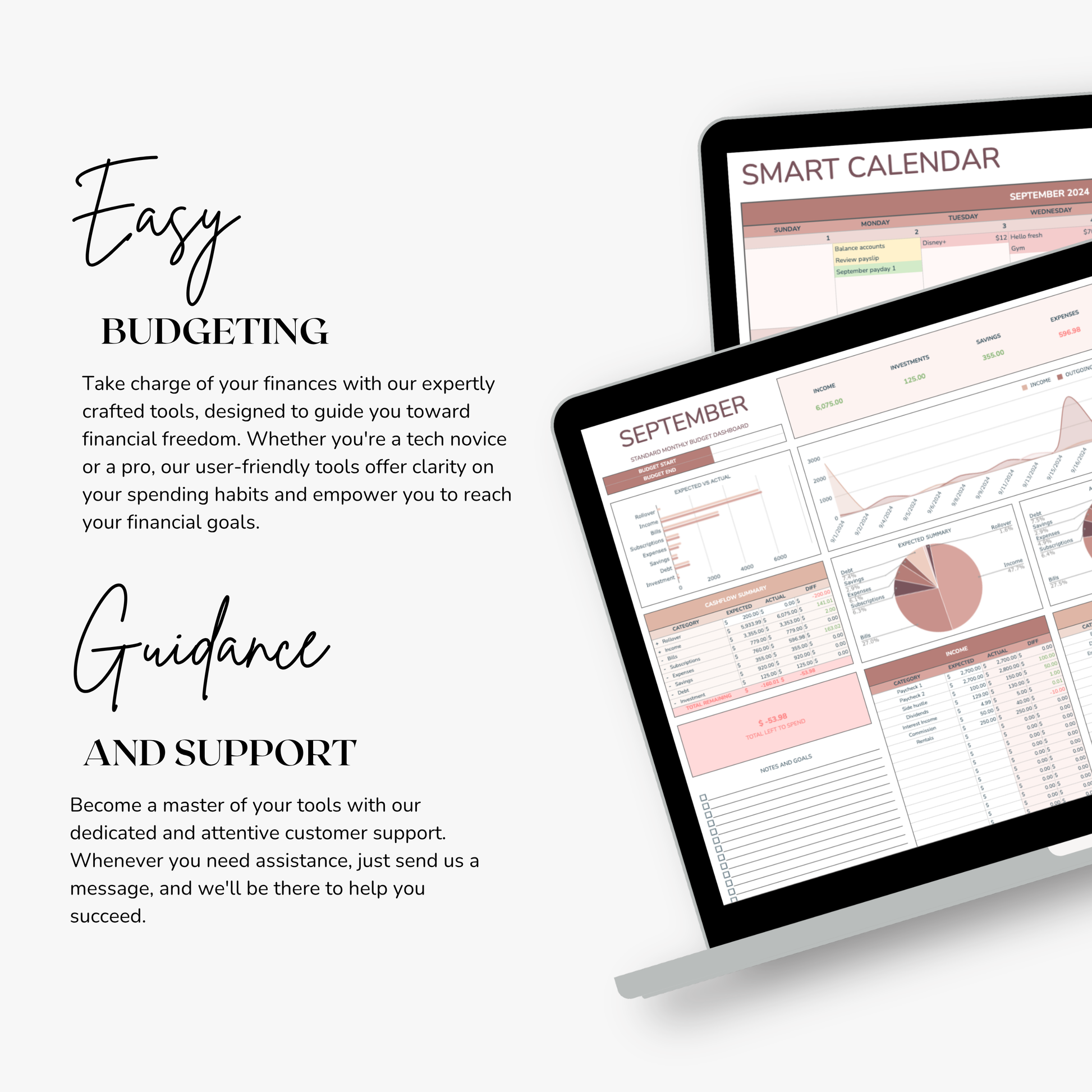 Smart calendar spreadsheet on a tablet with text about easy monthly budgeting and guidance.