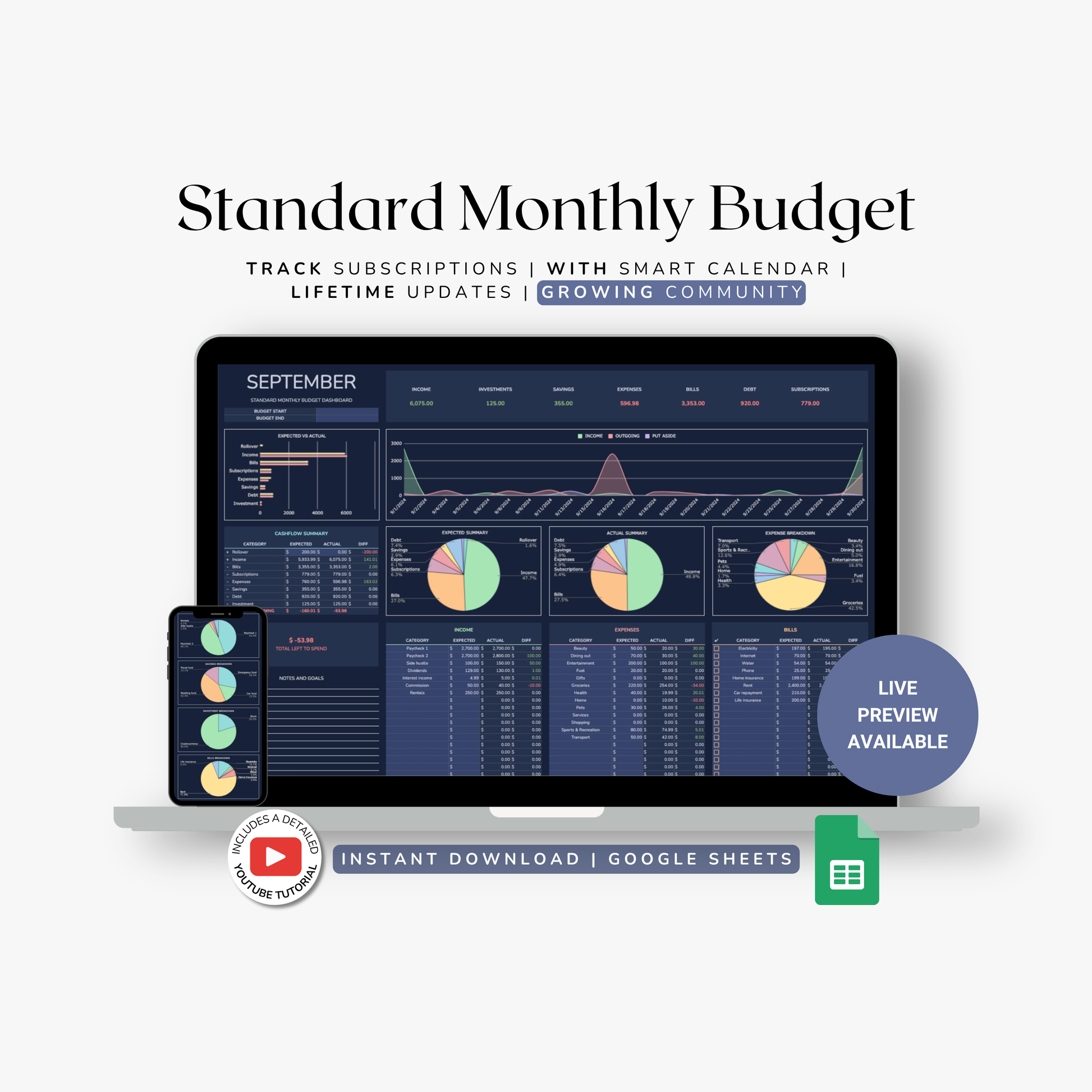 Standard Monthly Budget spreadsheet with a laptop and phone displaying the excel spreadsheet interface on a white background.