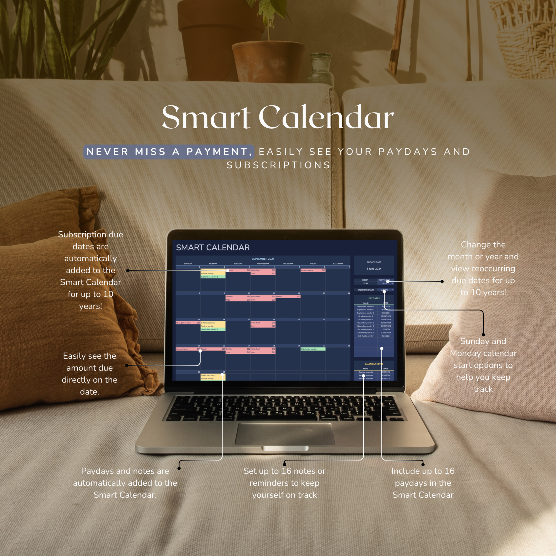 Laptop displaying a smart calendar spreadsheet tracker on a cozy living room background
