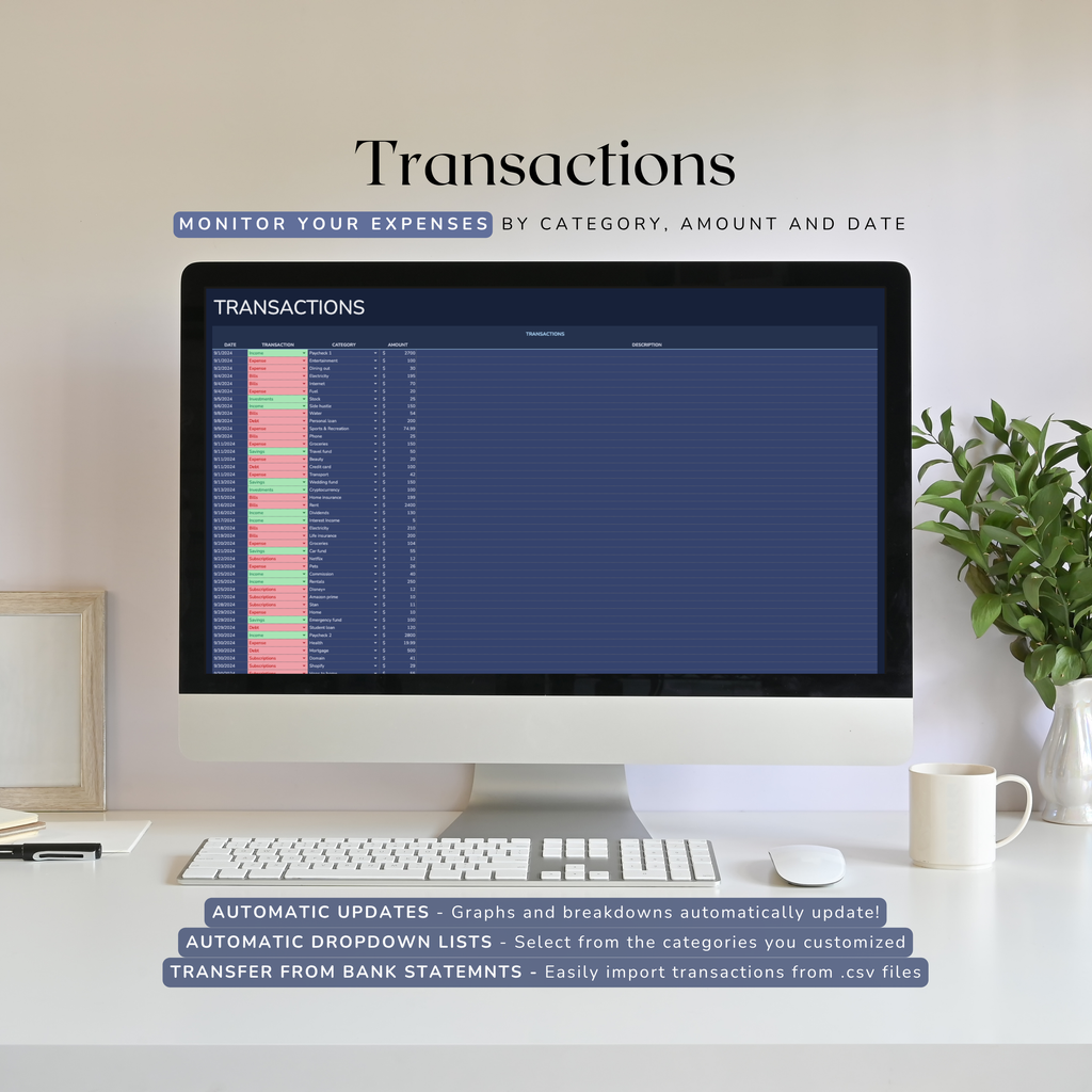Computer monitor displaying a transactions tracker in googlesheets on a desk with a plant and mug.