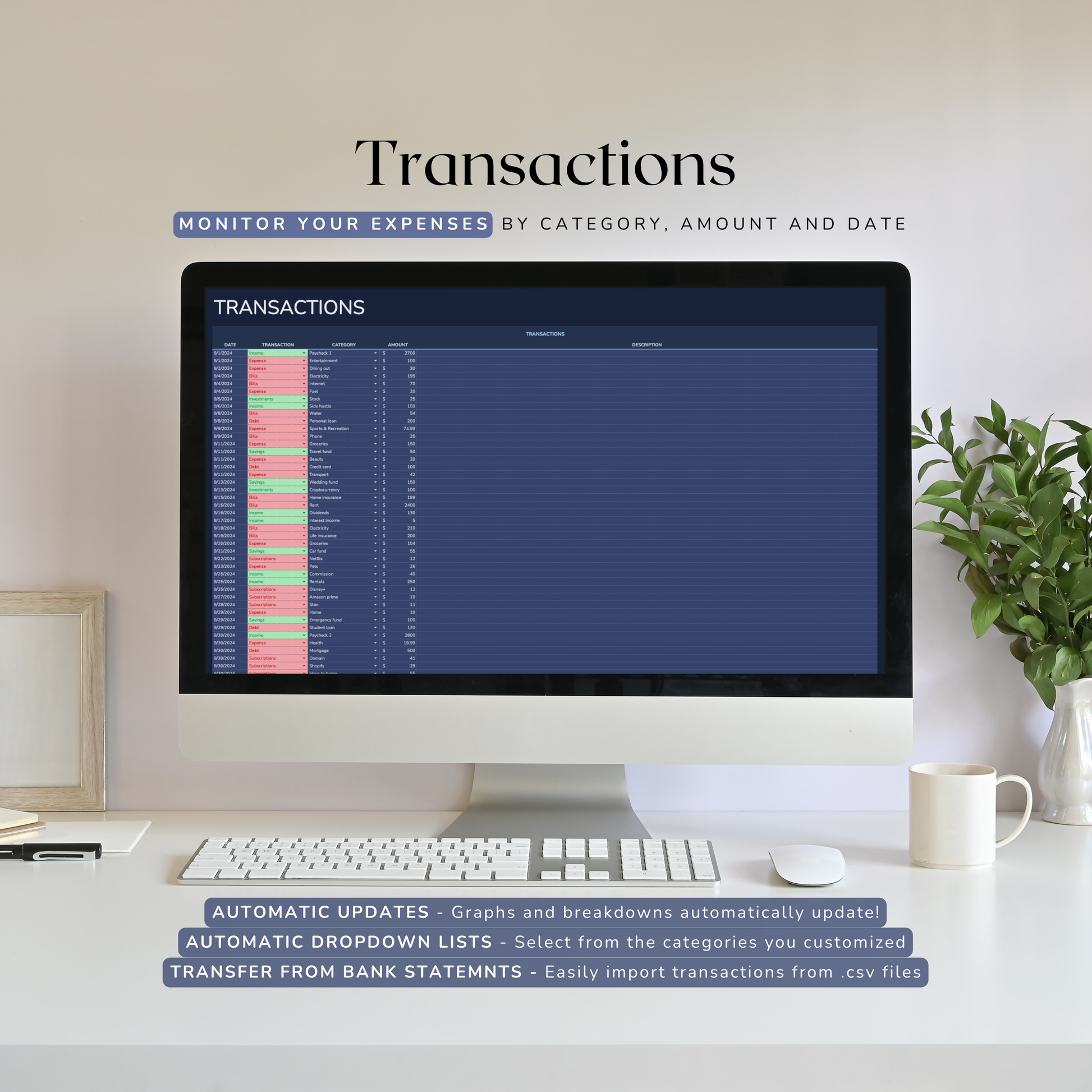 Computer monitor displaying a transactions tracker in googlesheets on a desk with a plant and mug.