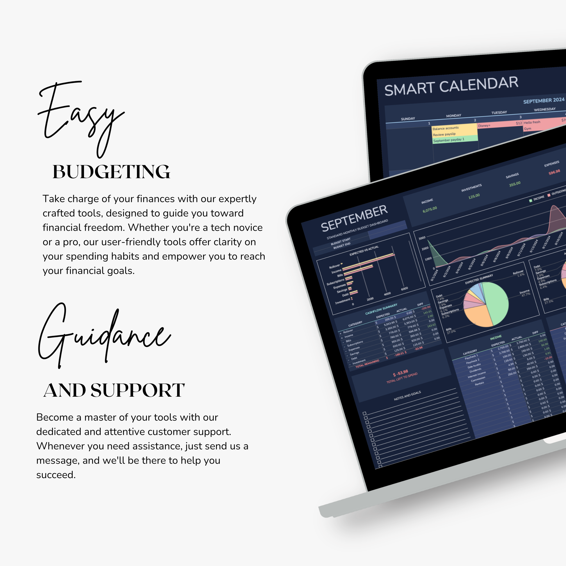 Smart calendar excel spreadsheet on a tablet with text about easy budgeting and guidance.