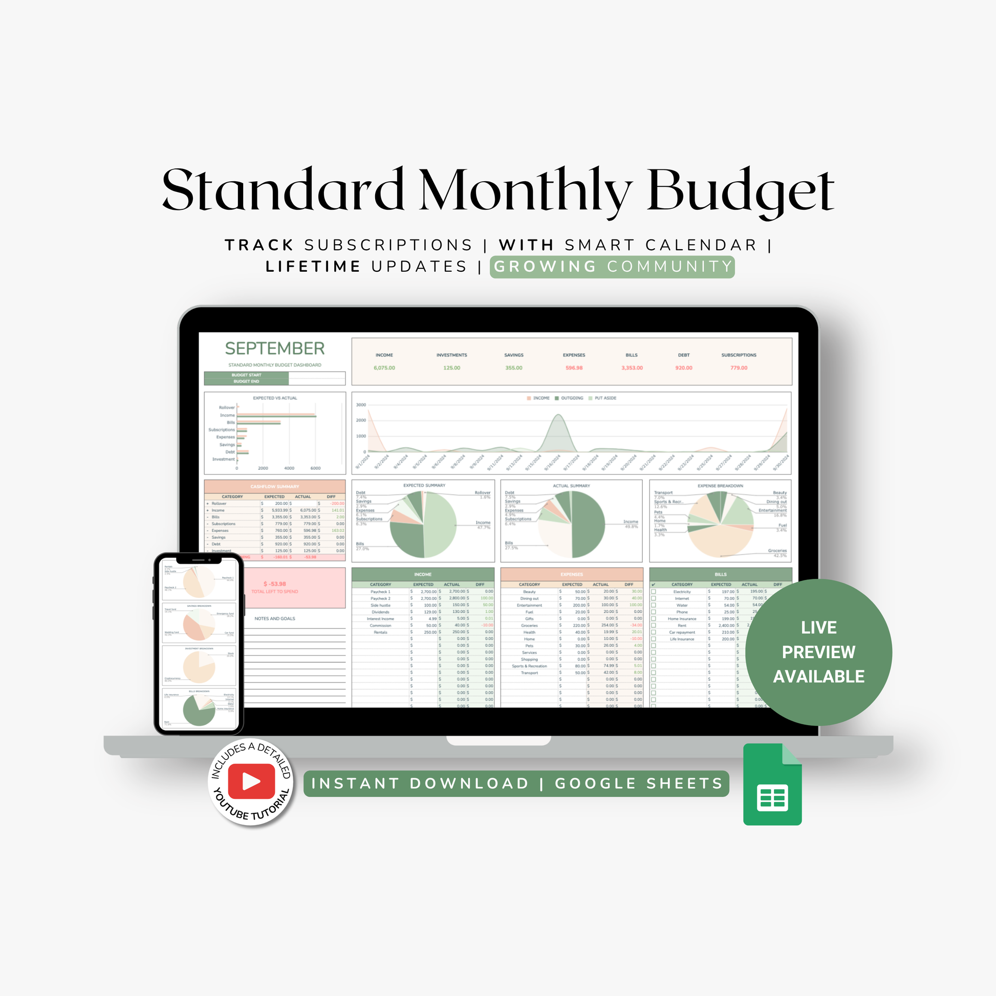 Standard Monthly Budget template spreadsheet with a computer screen and smartphone displaying budget data.