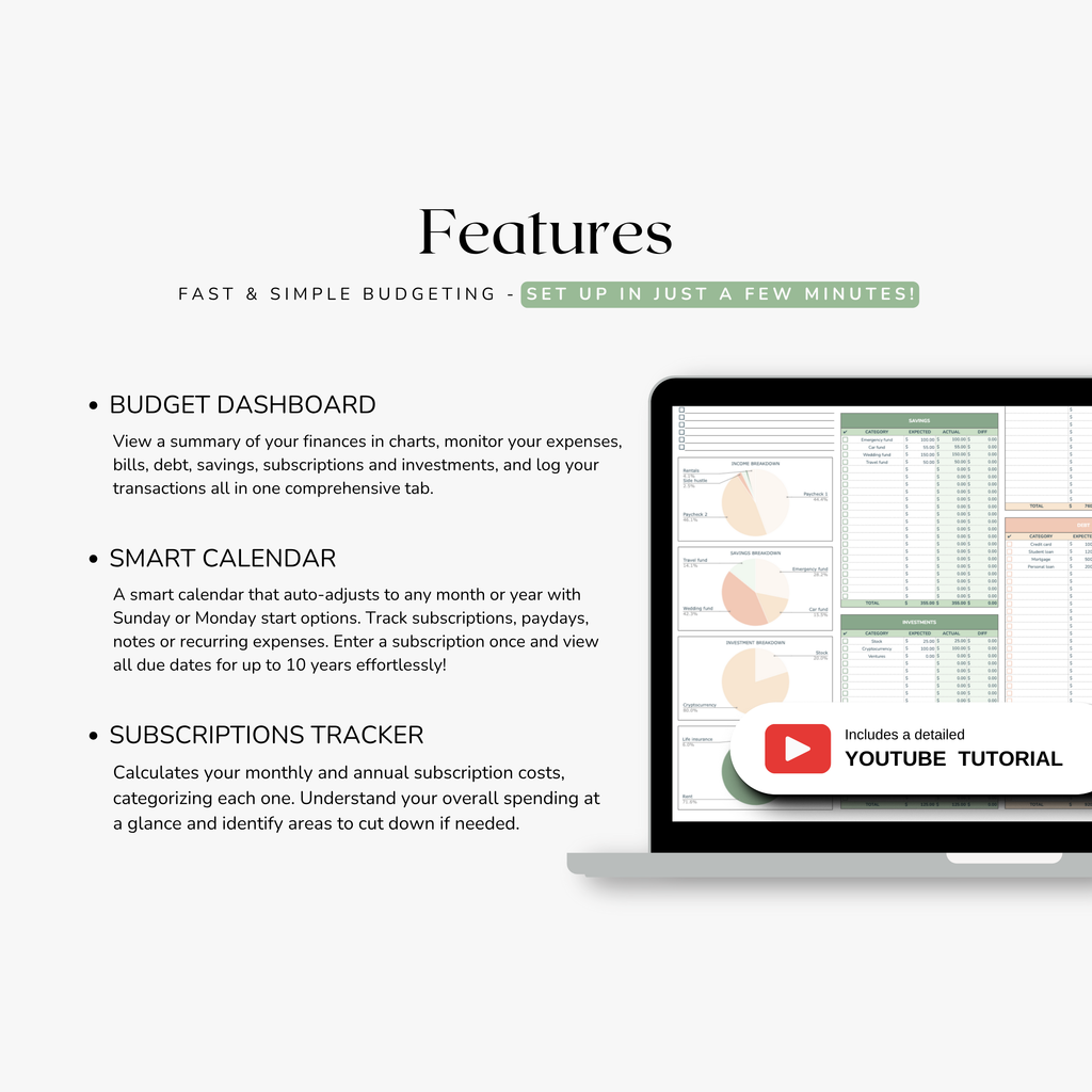 Screen displaying features of a budgeting spreadsheet with text and a laptop showing the app interface. Features include a monthly budget dashboard tracker, smart calendar and a subscriptions tracker.