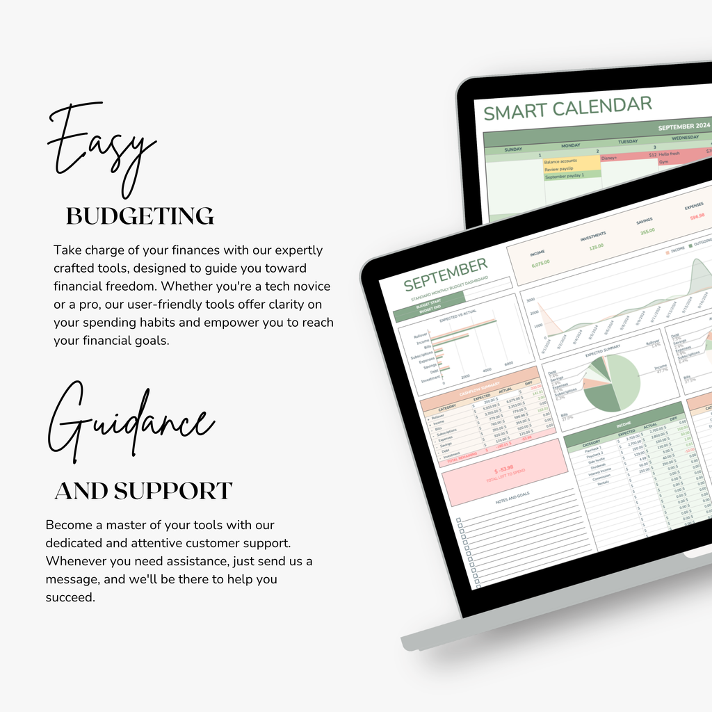 Smart calendar spreadsheet and a monthly budget template excel spreadsheet on a tablet with text about easy budgeting and guidance.