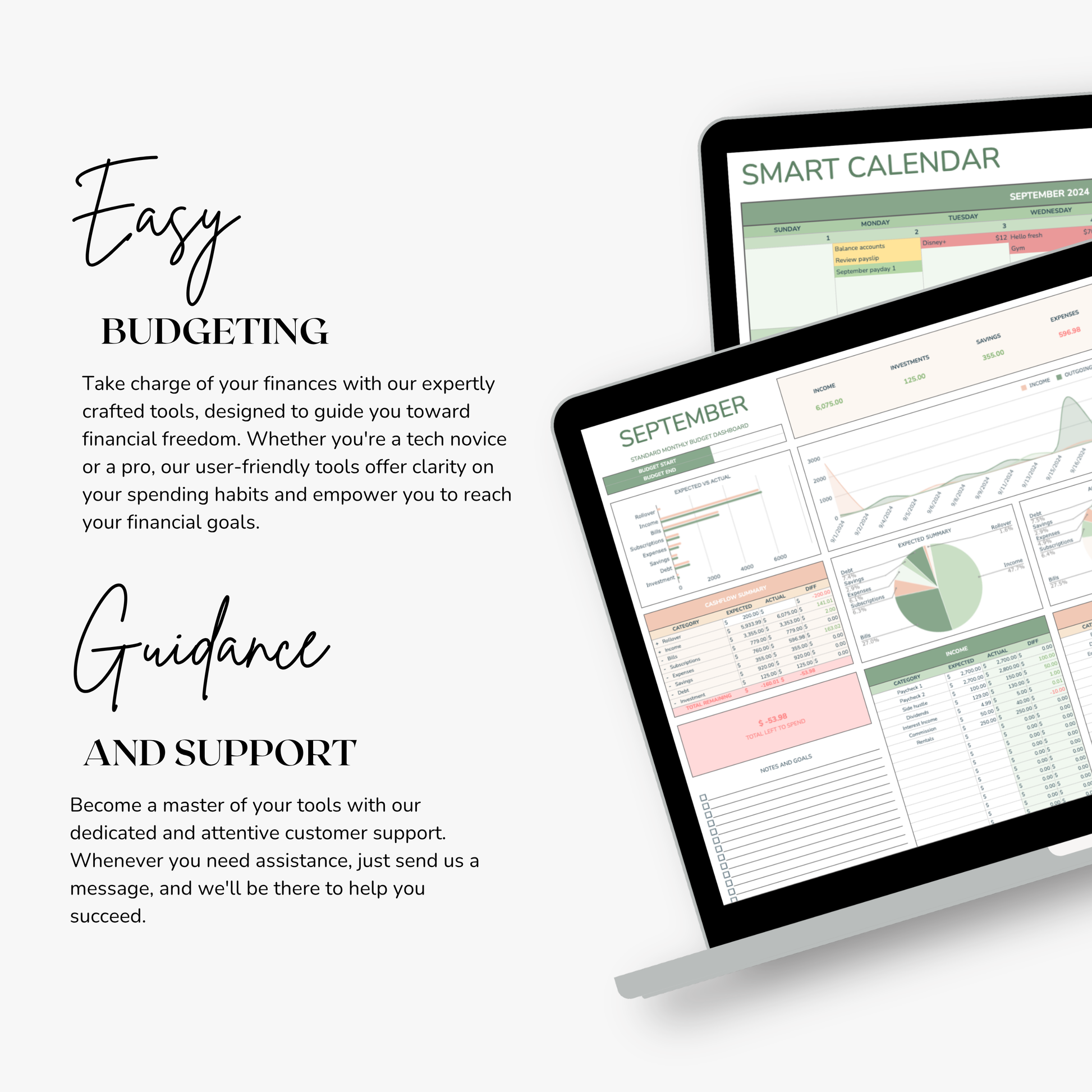 Smart calendar spreadsheet and a monthly budget template excel spreadsheet on a tablet with text about easy budgeting and guidance.