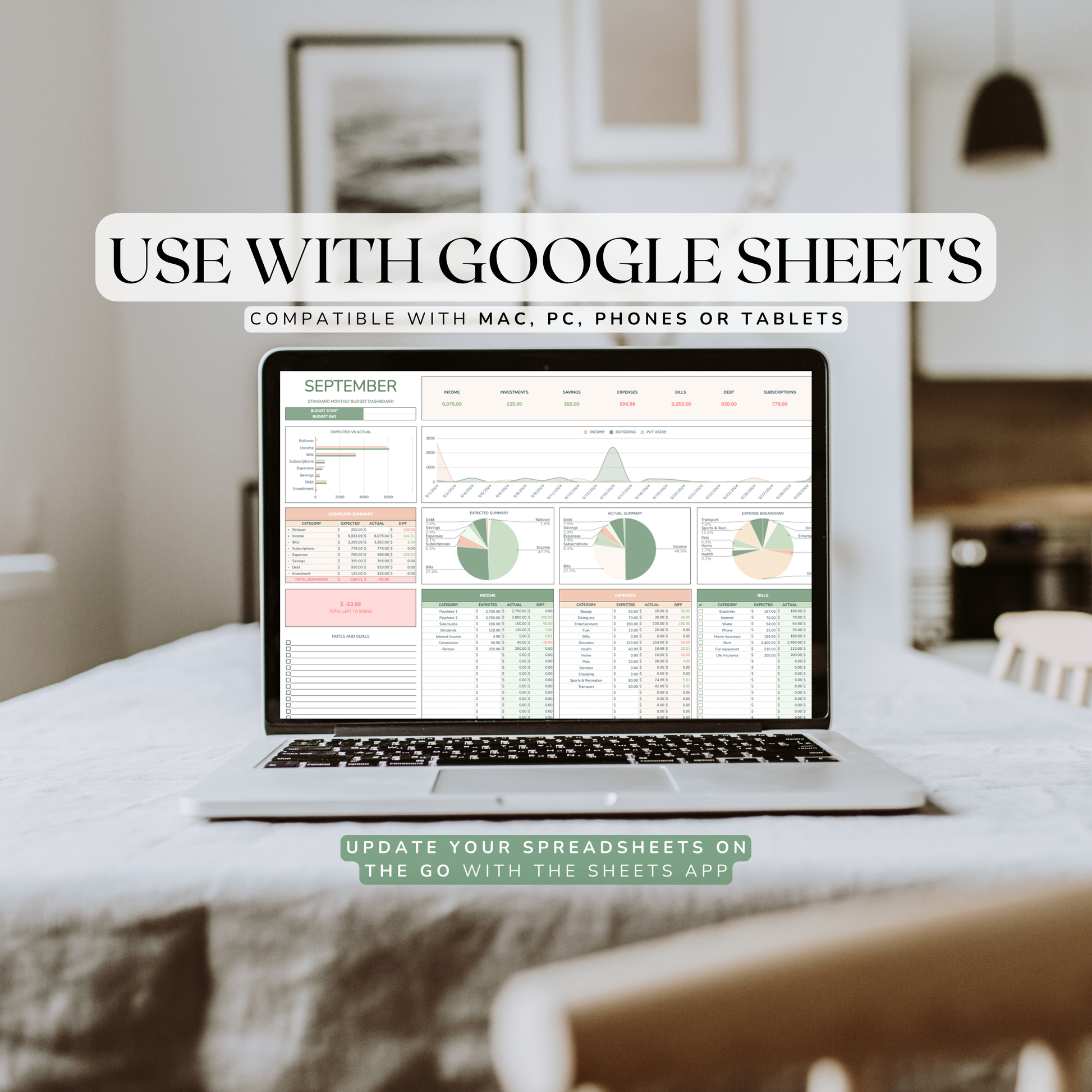 Laptop displaying Google Sheets budget tracker excel spreadsheet on a desk with a blurred background