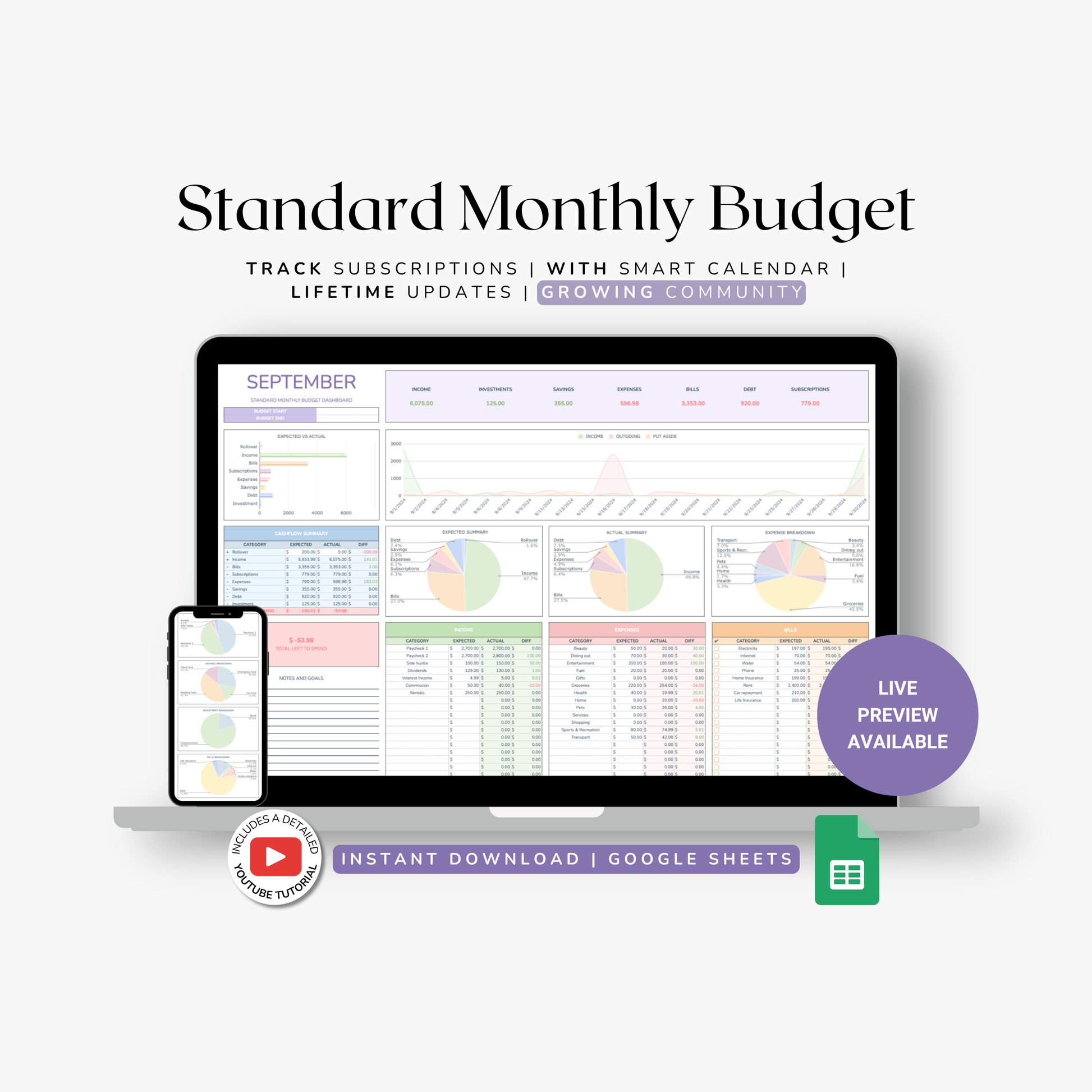 Standard Monthly Budget excel with a computer screen and smartphone displaying the budgeting spreadsheet on a white background.