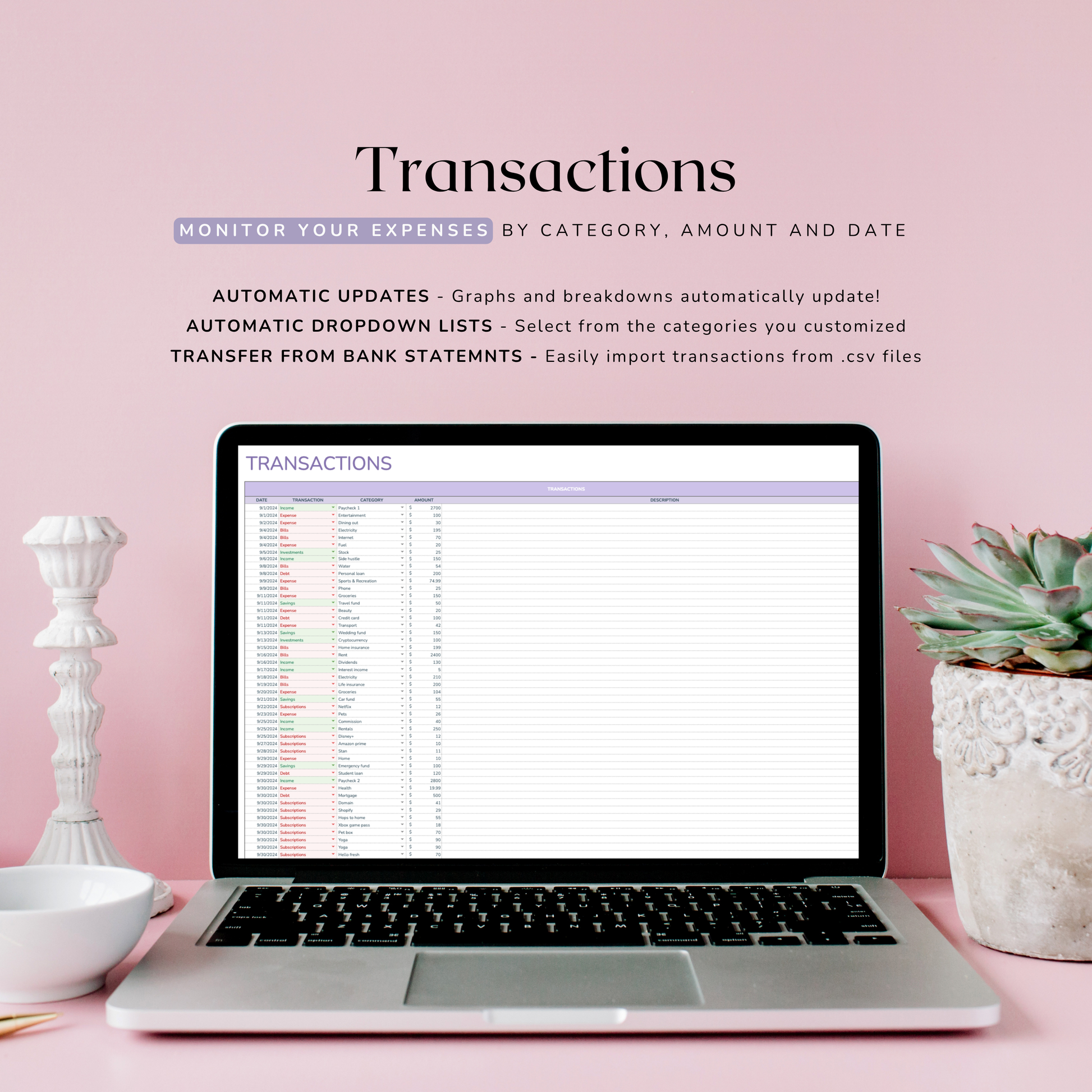 Laptop on a pink surface displaying a transactions tracker screen which is part of the monthly budget tracker excel. Image has decorative items around the laptop.