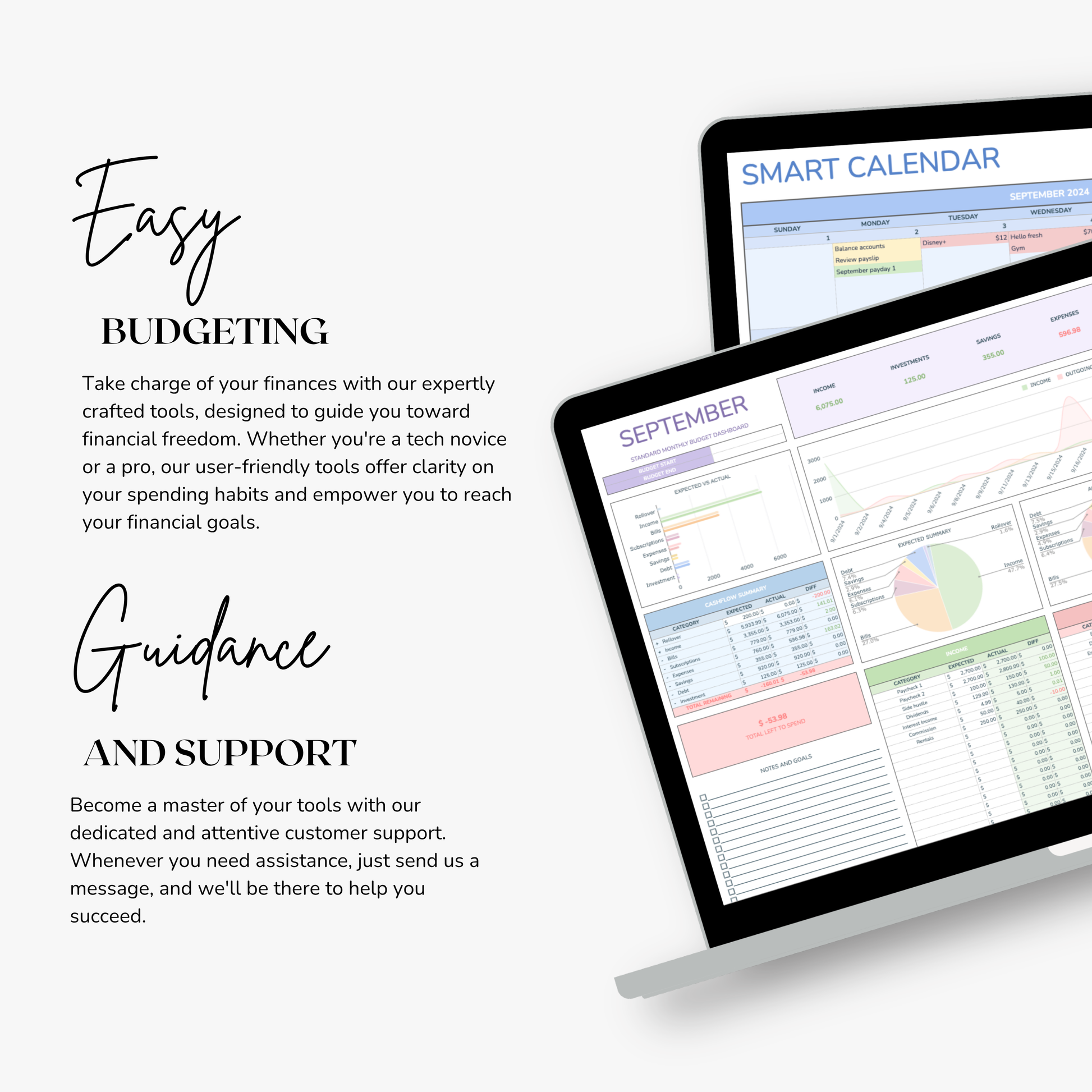 Two computer monitors displaying a budgeting excel spreadsheet with text about easy budgeting, guidance, and support.