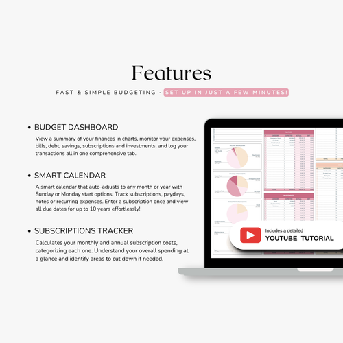 Screen of a budgeting spreadsheet with features listed on a white background. Features include a monthly budget tracker, Smart calendar and subscriptions tracker.