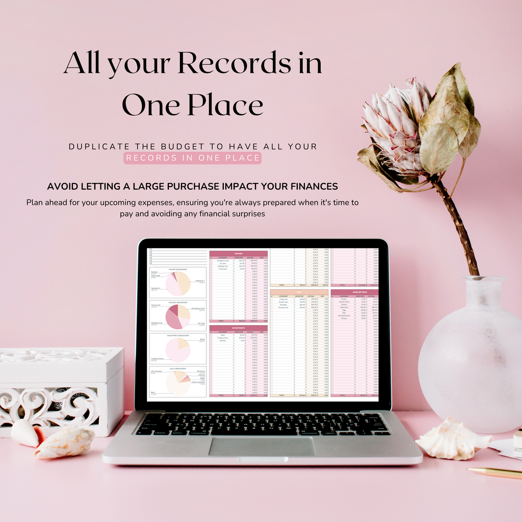 Laptop displaying a budget spreadsheet on a pink desk with decorative elements. Spreadsheet has categories for tracking savings, investments, debt and subscriptions