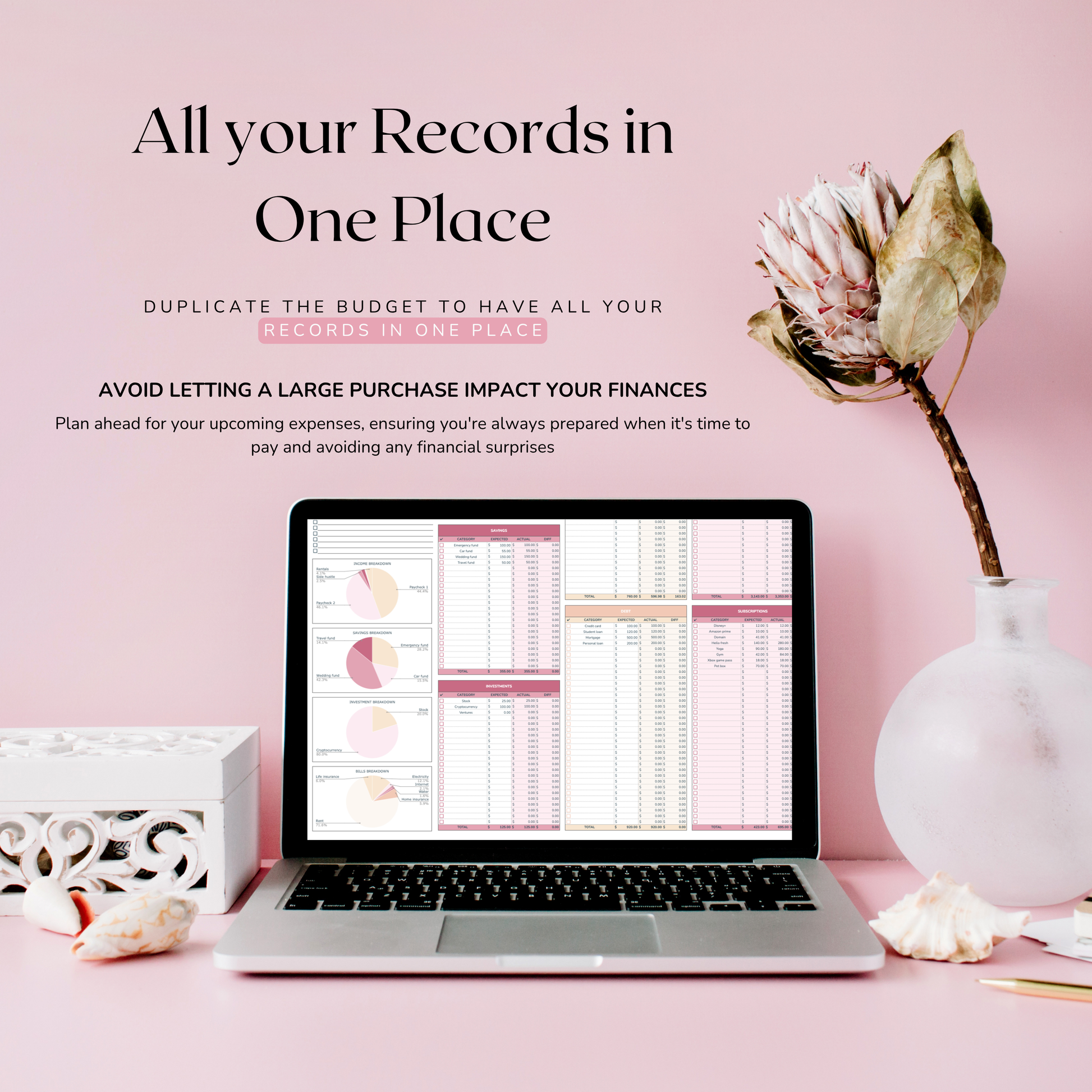 Laptop displaying a budget spreadsheet on a pink desk with decorative elements. Spreadsheet has categories for tracking savings, investments, debt and subscriptions