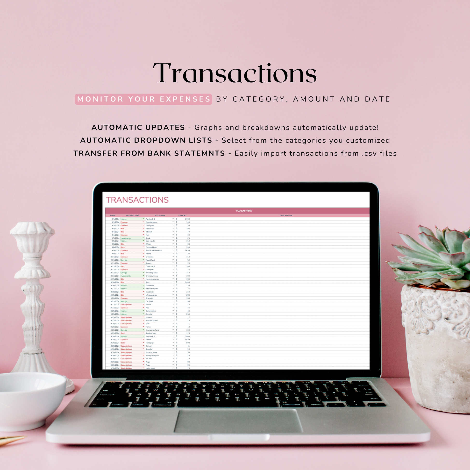 Laptop displaying a transactions screen for a monthly budget spreadsheet on a pink background with decorative items.