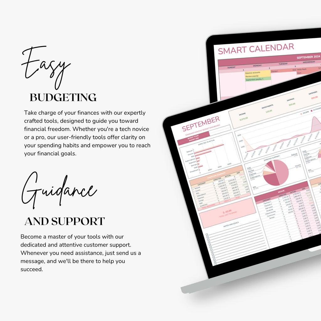 Smart calendar spreadsheet and a monthly budget spreadsheet on a tablet with text about easy budgeting and guidance.