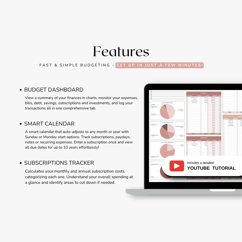 Screen of a financial management software with features listed on a white background