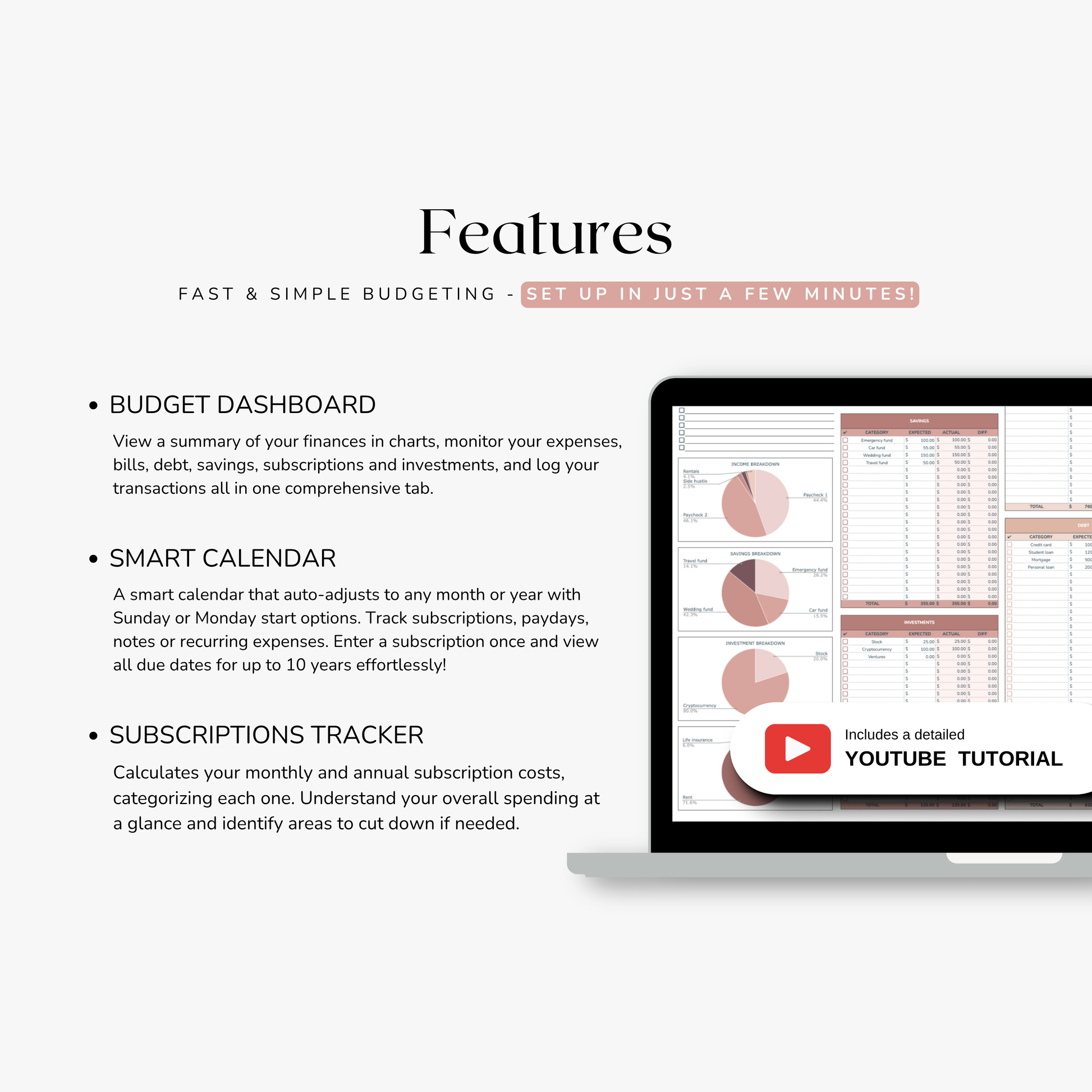 Screen of a financial management software with features listed on a white background