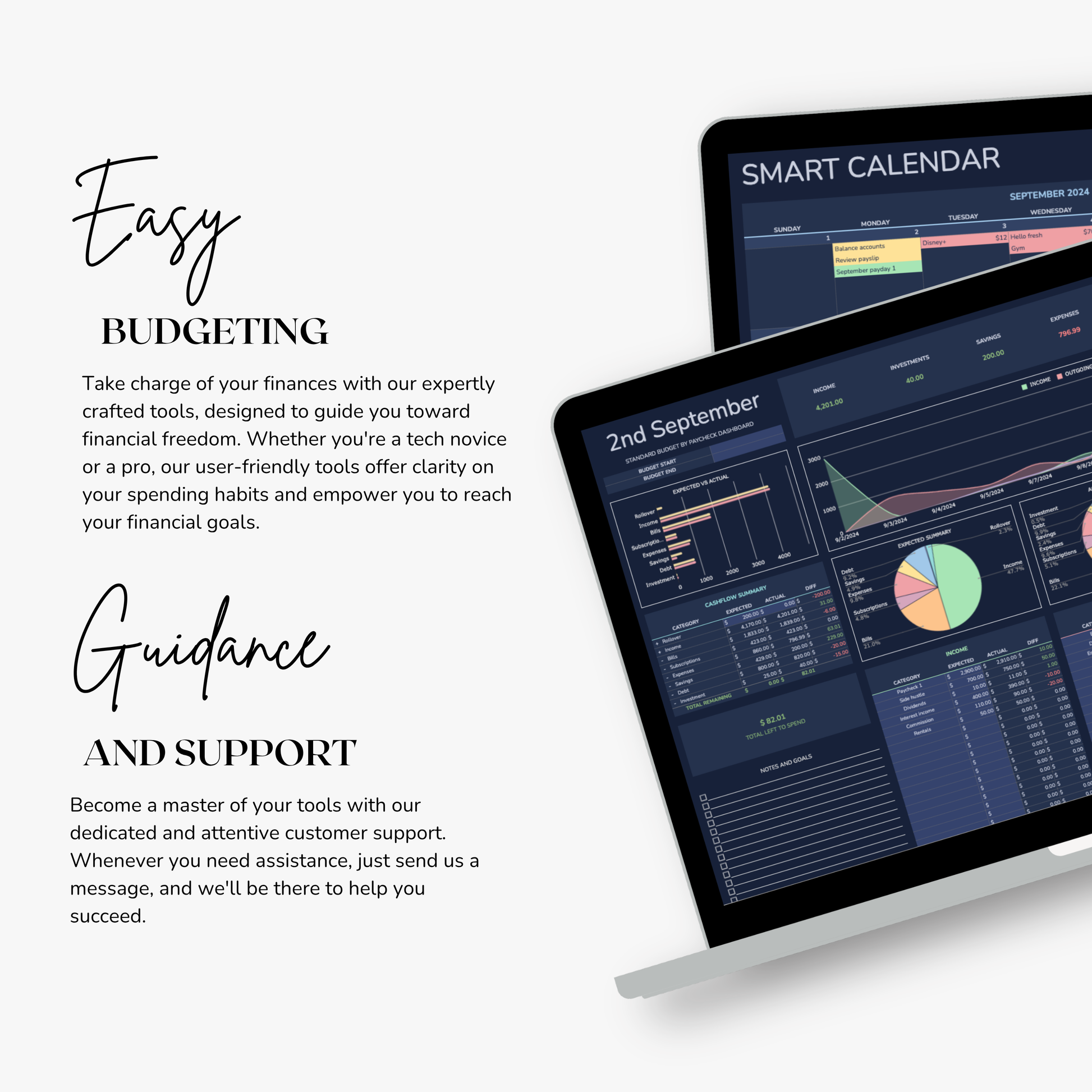 Smart calendar app on a tablet with text about easy budgeting and guidance.