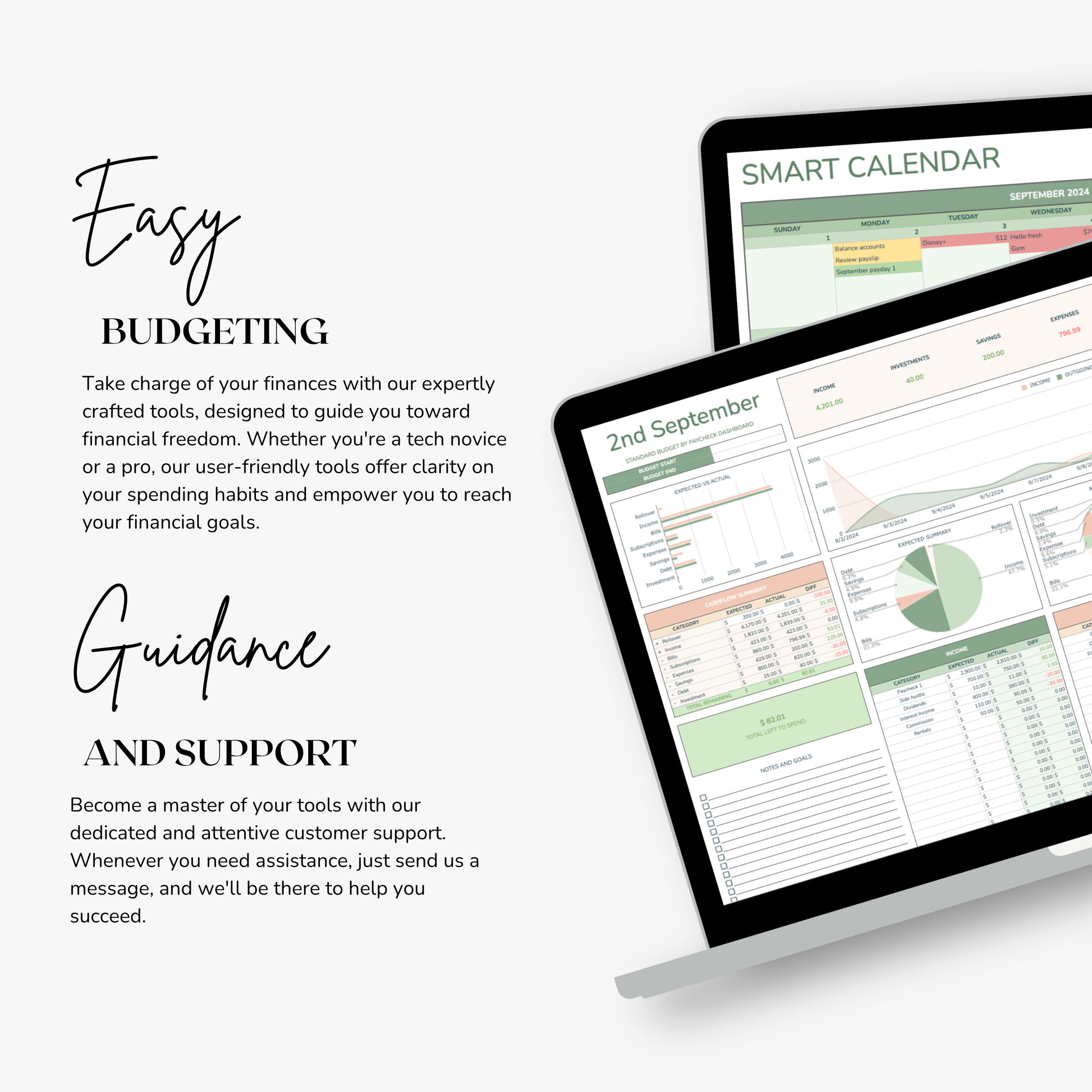 Smart calendar app on a tablet with text about easy budgeting and guidance. This smart calendar is part of a budget by paycheck template created by thecreativeplansco