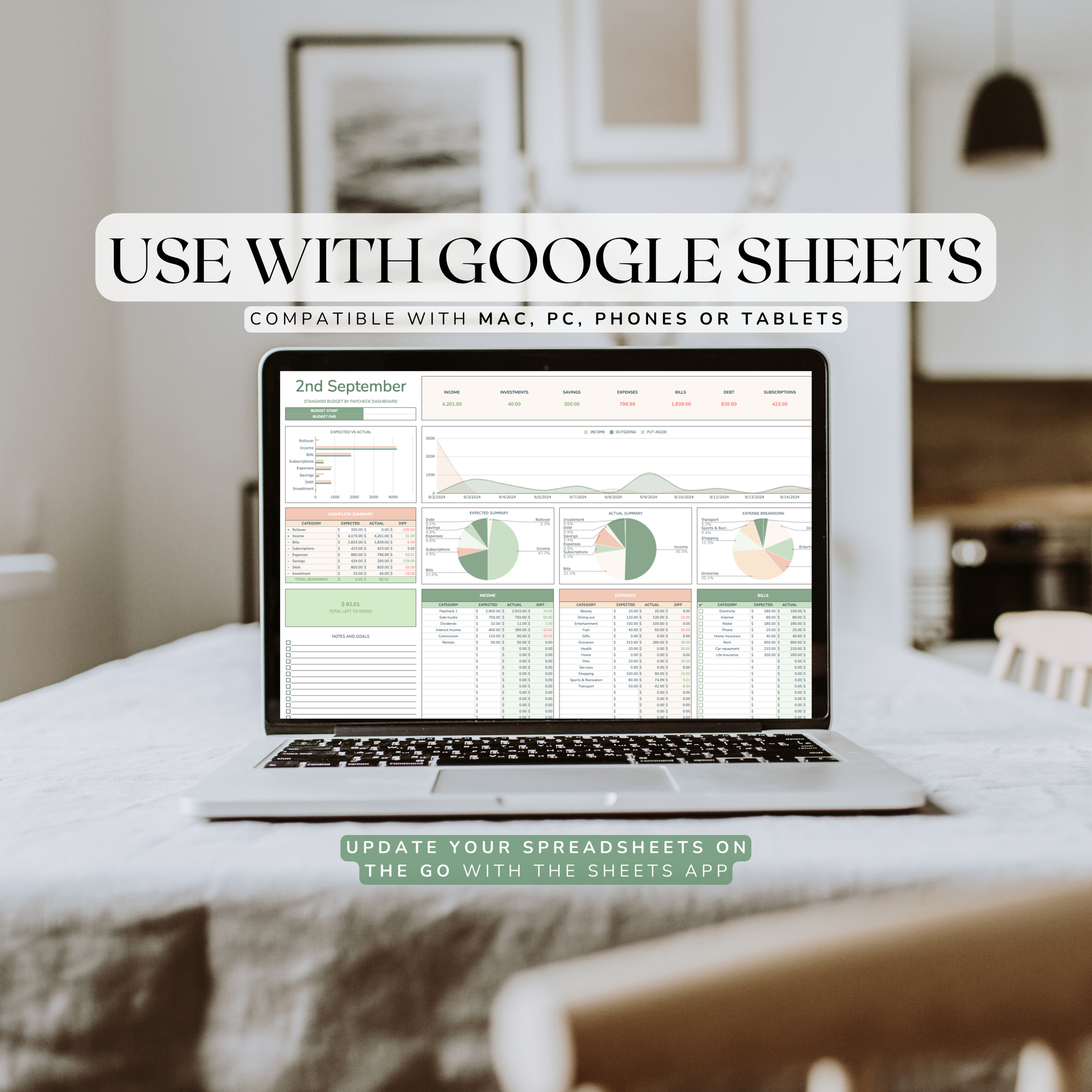 Laptop displaying Google Sheets budget by paycheck spreadsheet on a desk with a home office background