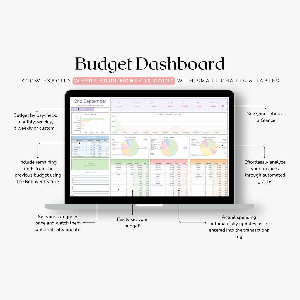 paycheck Budget Dashboard with smart charts and tables on a computer screen