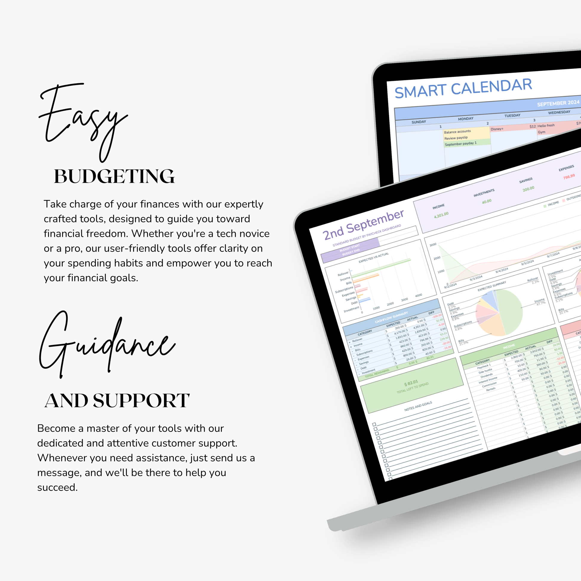 Two computer monitors displaying a paycheck budgeting template in google sheets with text about easy budgeting and guidance.