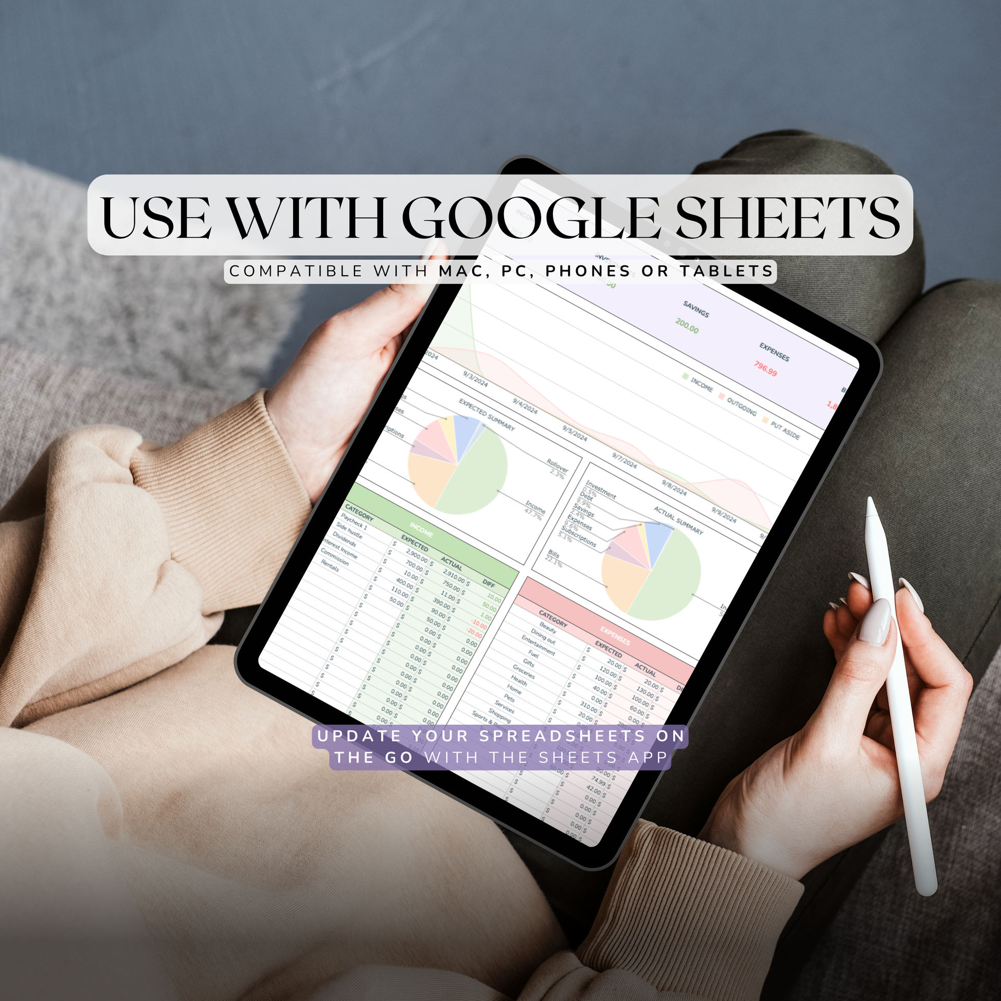 Person holding a tablet with Google Sheets app open, sitting on a couch.
