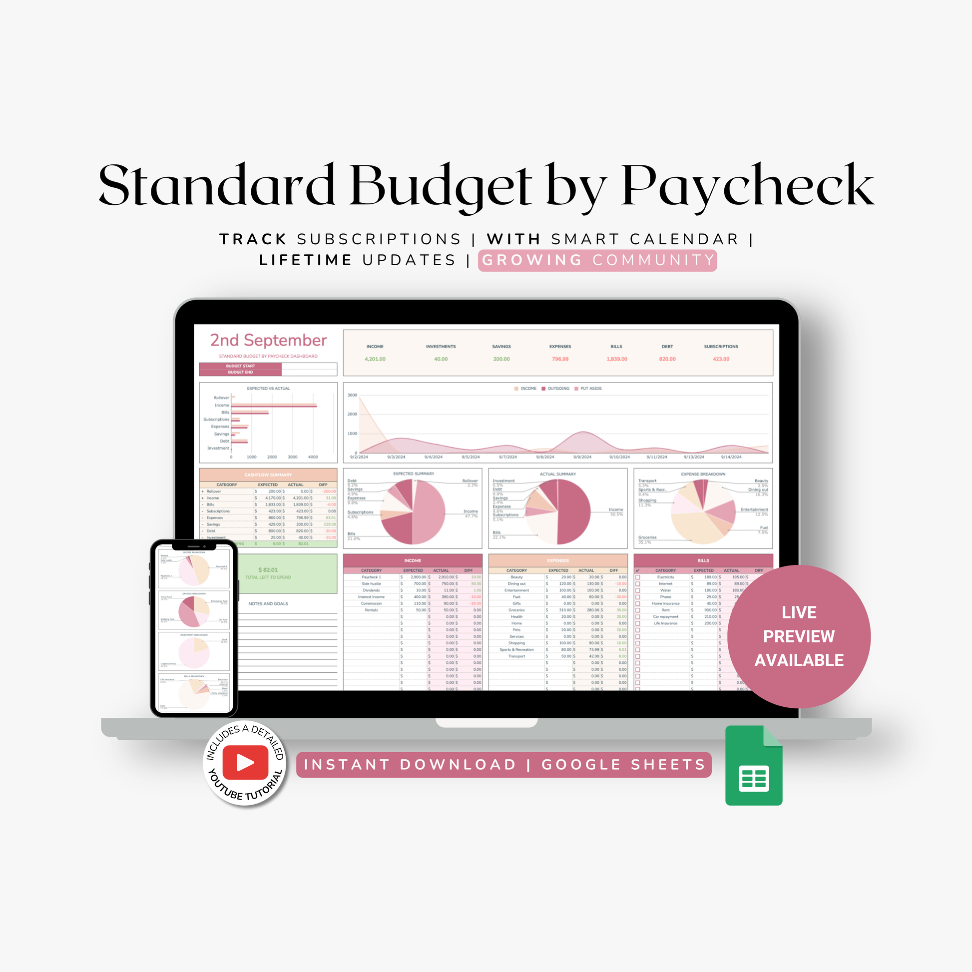 Standard Budget by Paycheck budget tracker spreadsheet with a computer screen and smartphone displaying budgeting excel template.