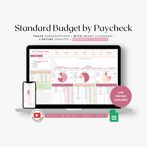 Standard Budget by Paycheck budget tracker spreadsheet with a computer screen and smartphone displaying budgeting excel template.