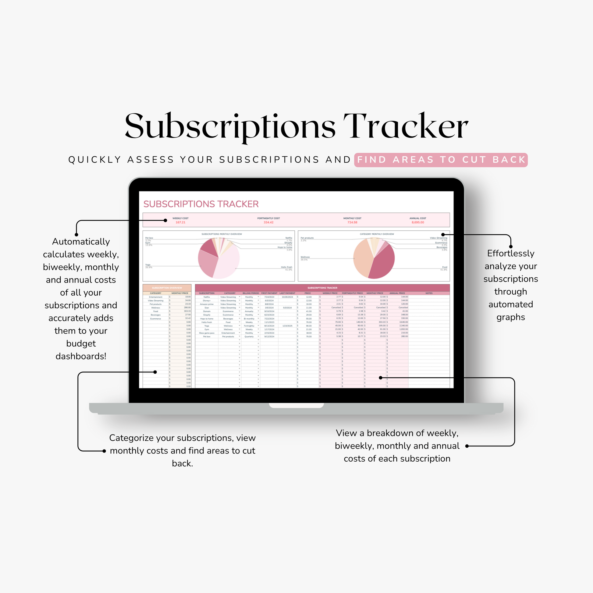 Subscriptions Tracker spreadsheet on a laptop screen with text describing features. This is for a pay stub budgeting template created by thecreativeplansco.