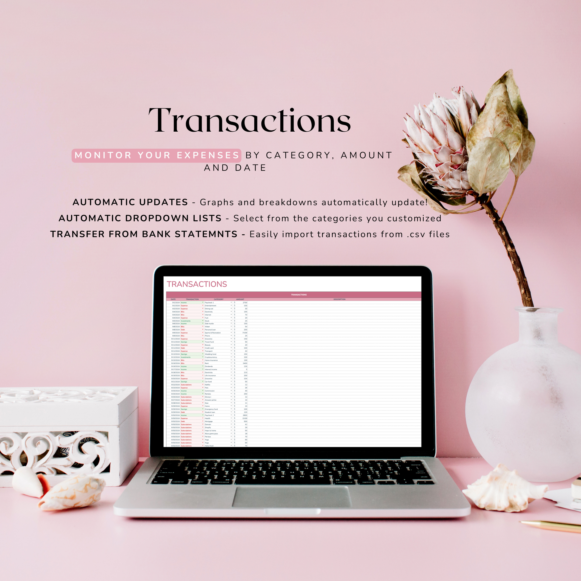 Laptop on a pink surface with a flower and decorative items, displaying a transactions spreadsheet interface. Transactions tracker is linked to a payslip tracker spreadsheet template. 