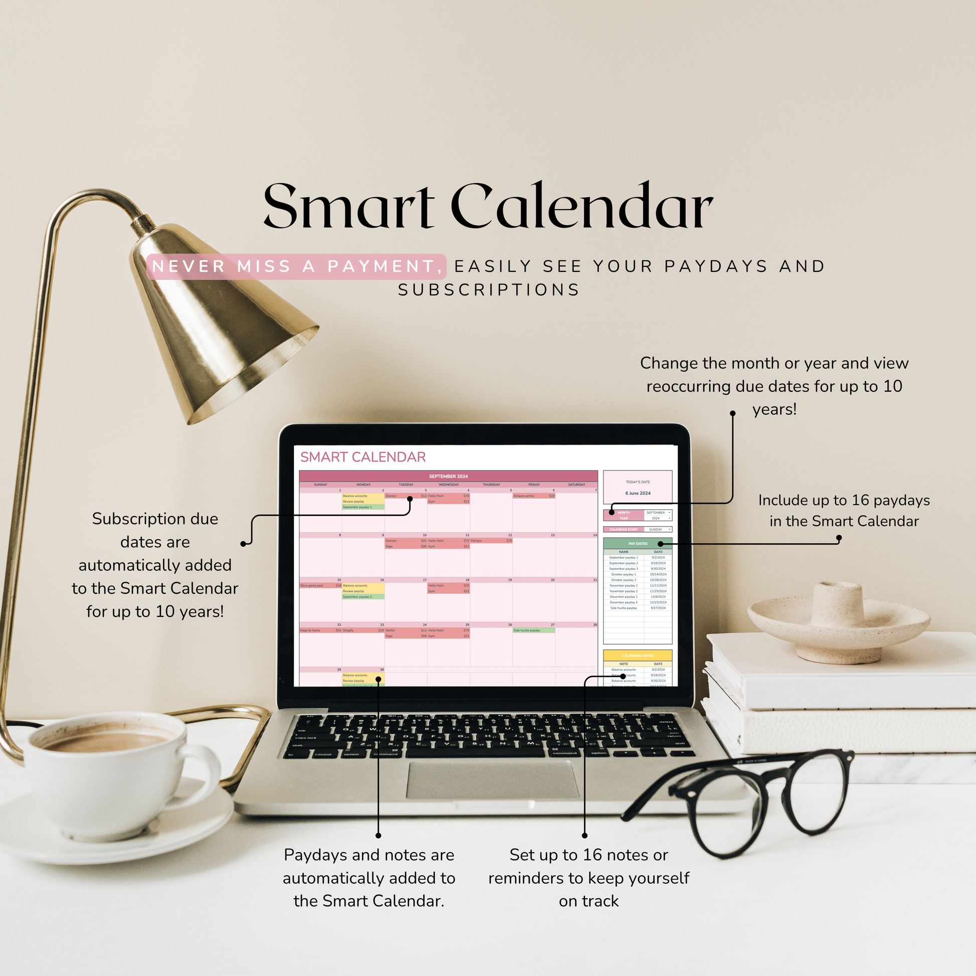 Laptop with smart calendar excel spreadsheet on a desk with a lamp, coffee cup, and glasses.